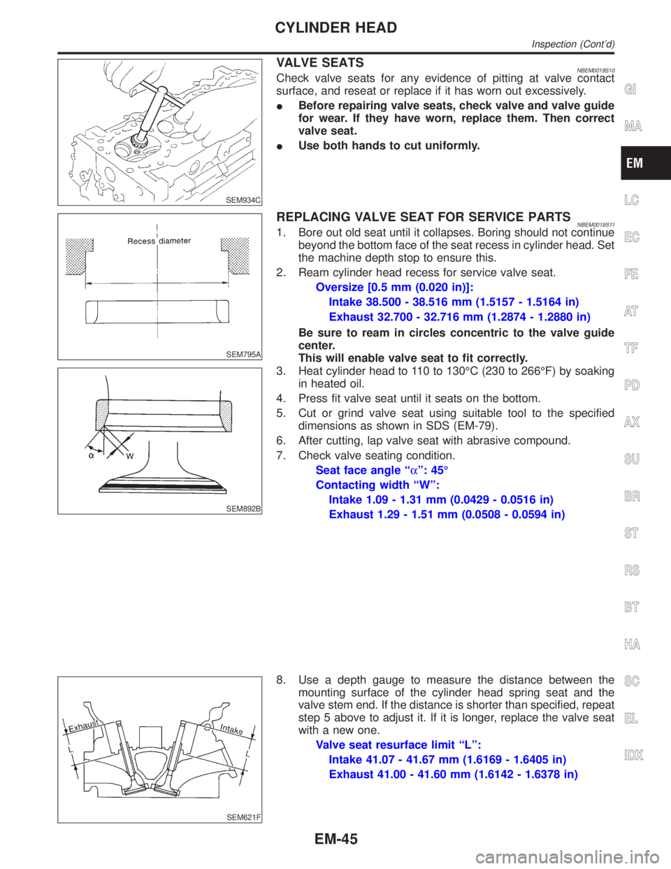 INFINITI QX4 2001  Factory Service Manual SEM934C
VALVE SEATSNBEM0019S10Check valve seats for any evidence of pitting at valve contact
surface, and reseat or replace if it has worn out excessively.
IBefore repairing valve seats, check valve a