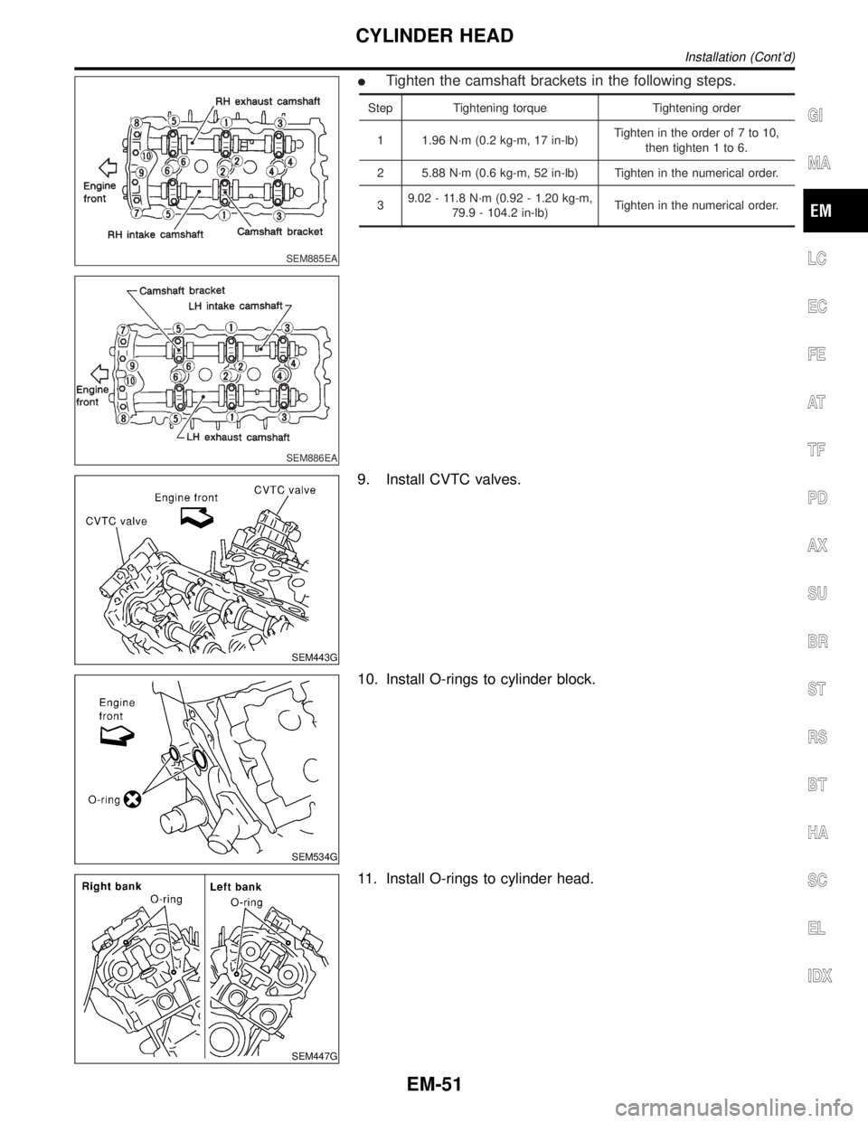 INFINITI QX4 2001  Factory Service Manual SEM885EA
SEM886EA
ITighten the camshaft brackets in the following steps.
Step Tightening torque Tightening order
1 1.96 N´m (0.2 kg-m, 17 in-lb)Tighten in the order of 7 to 10,
then tighten 1 to 6.
2