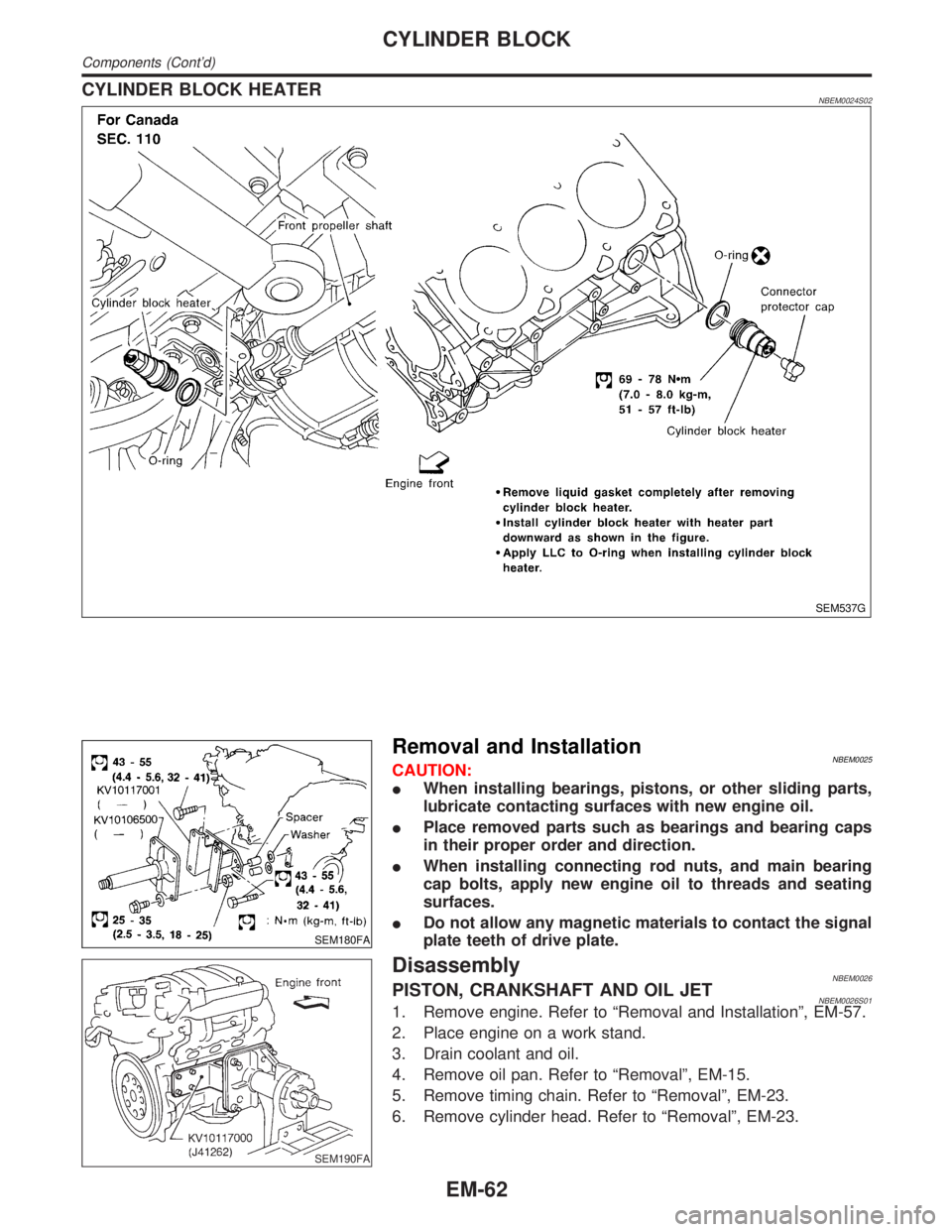INFINITI QX4 2001  Factory Service Manual CYLINDER BLOCK HEATERNBEM0024S02
SEM537G
SEM180FA
Removal and InstallationNBEM0025CAUTION:
IWhen installing bearings, pistons, or other sliding parts,
lubricate contacting surfaces with new engine oil