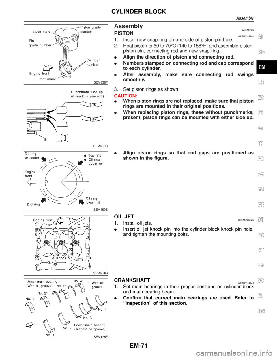 INFINITI QX4 2001  Factory Service Manual SEM838F
AssemblyNBEM0028PISTONNBEM0028S011. Install new snap ring on one side of piston pin hole.
2. Heat piston to 60 to 70ÉC (140 to 158ÉF) and assemble piston,
piston pin, connecting rod and new 