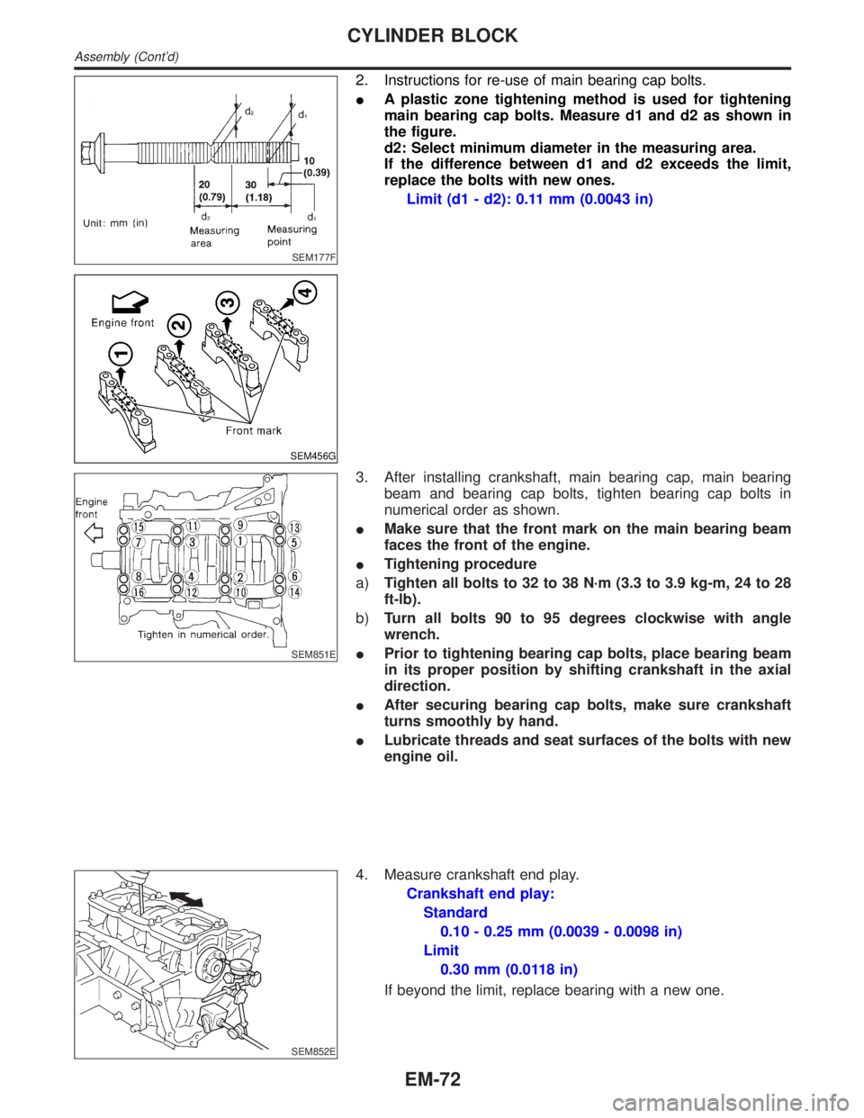 INFINITI QX4 2001  Factory Service Manual SEM177F
SEM456G
2. Instructions for re-use of main bearing cap bolts.
IA plastic zone tightening method is used for tightening
main bearing cap bolts. Measure d1 and d2 as shown in
the figure.
d2: Sel