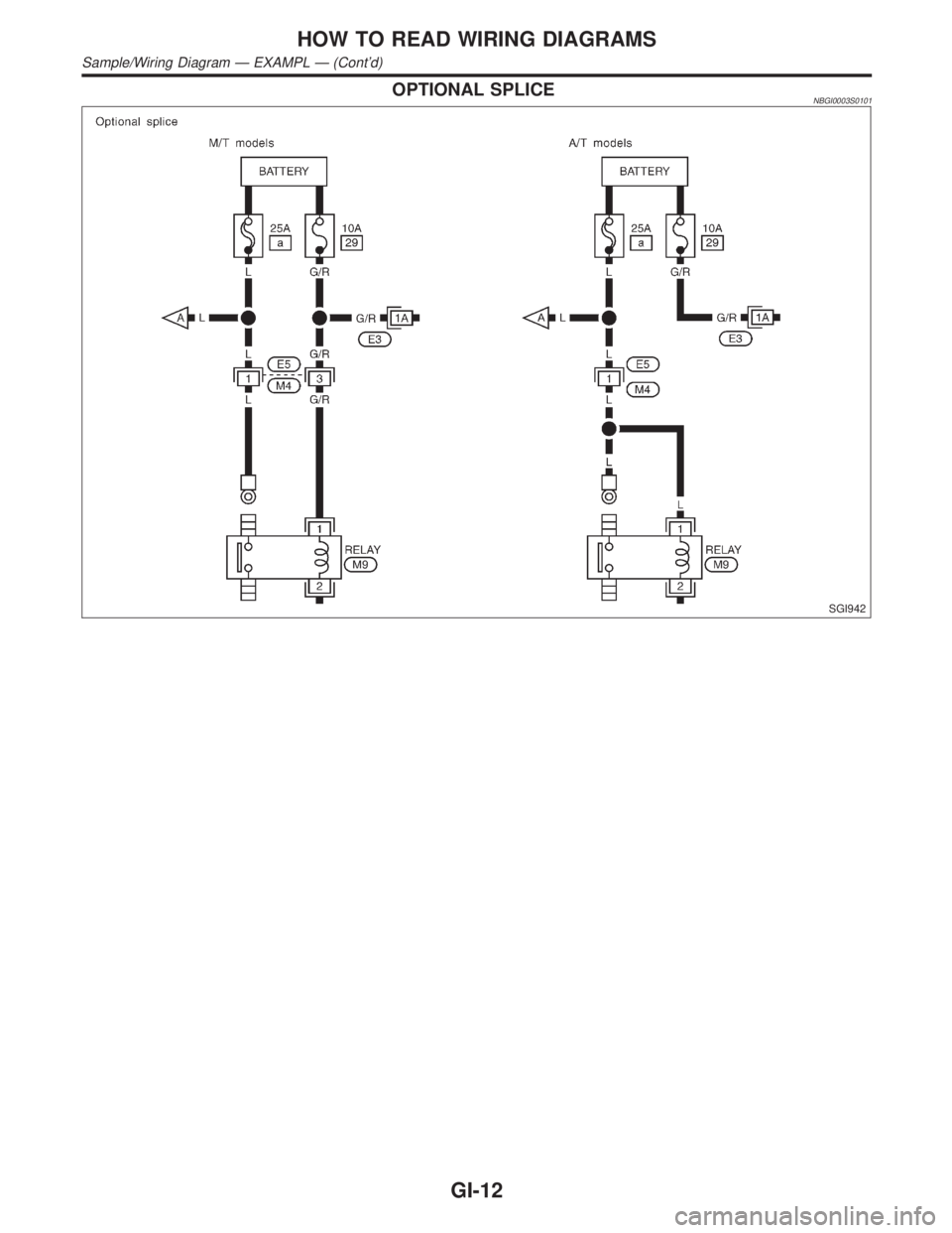 INFINITI QX4 2001  Factory Service Manual OPTIONAL SPLICENBGI0003S0101
SGI942
HOW TO READ WIRING DIAGRAMS
Sample/Wiring Diagram Ð EXAMPL Ð (Contd)
GI-12 