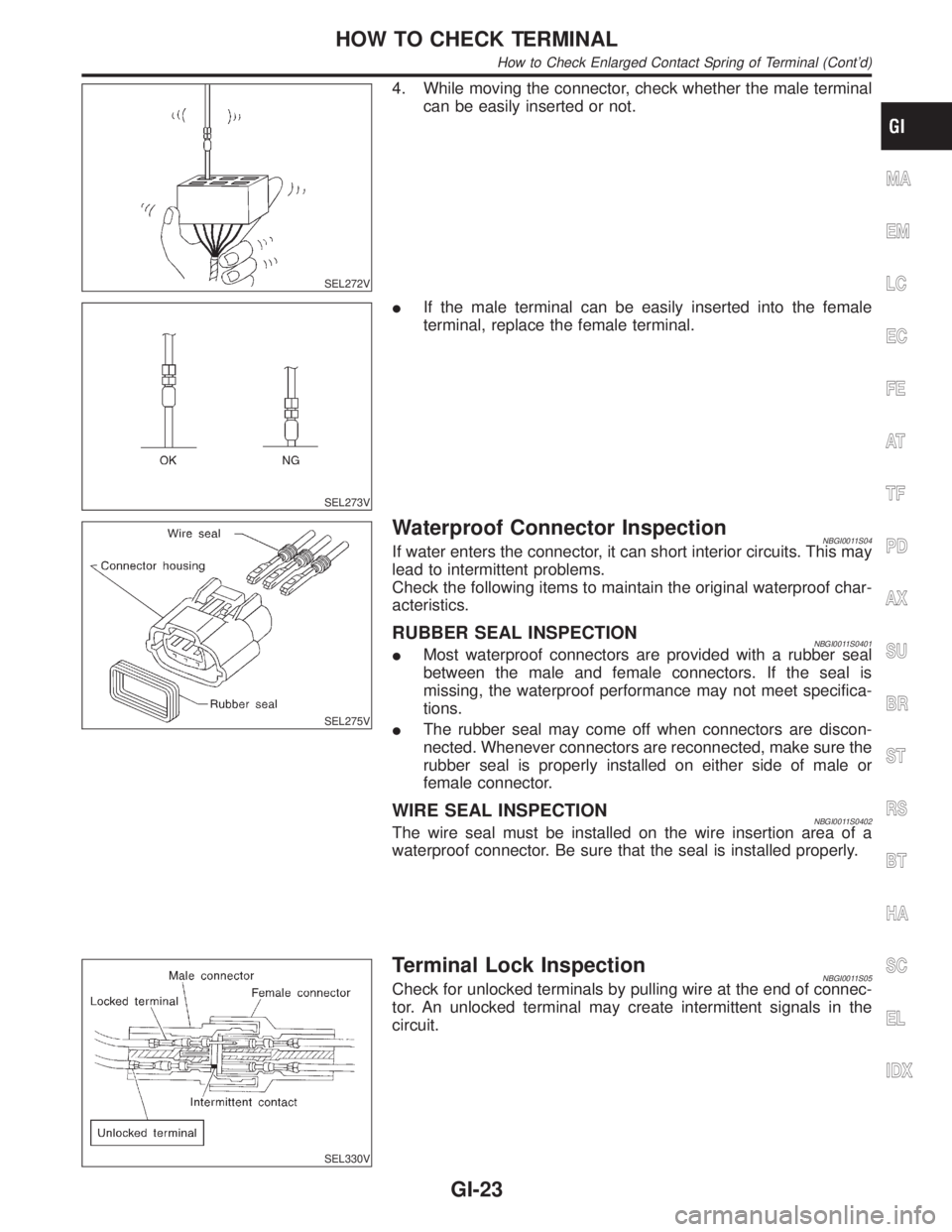 INFINITI QX4 2001  Factory Service Manual SEL272V
4. While moving the connector, check whether the male terminal
can be easily inserted or not.
SEL273V
IIf the male terminal can be easily inserted into the female
terminal, replace the female 
