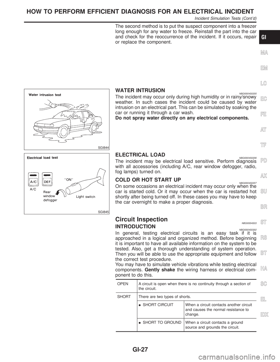 INFINITI QX4 2001  Factory Service Manual The second method is to put the suspect component into a freezer
long enough for any water to freeze. Reinstall the part into the car
and check for the reoccurrence of the incident. If it occurs, repa
