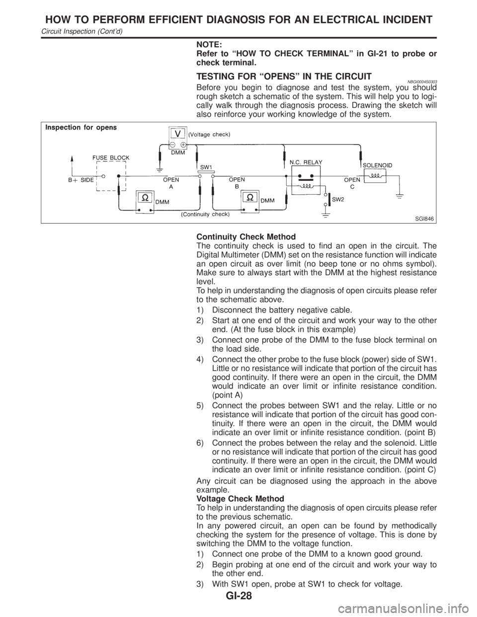INFINITI QX4 2001  Factory Service Manual NOTE:
Refer to ªHOW TO CHECK TERMINALº in GI-21 to probe or
check terminal.
TESTING FOR ªOPENSº IN THE CIRCUITNBGI0004S0303Before you begin to diagnose and test the system, you should
rough sketch