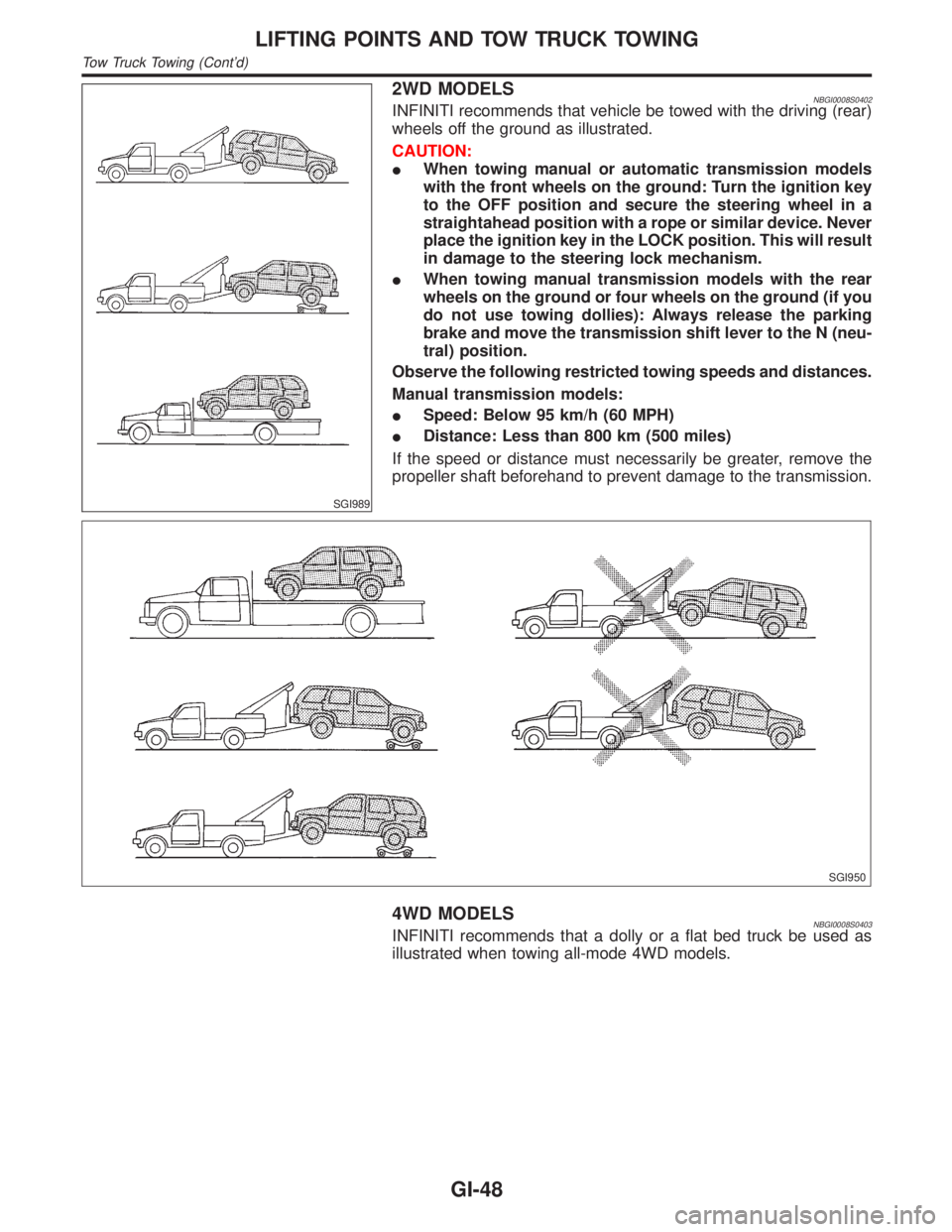 INFINITI QX4 2001  Factory Service Manual SGI989
2WD MODELSNBGI0008S0402INFINITI recommends that vehicle be towed with the driving (rear)
wheels off the ground as illustrated.
CAUTION:
IWhen towing manual or automatic transmission models
with