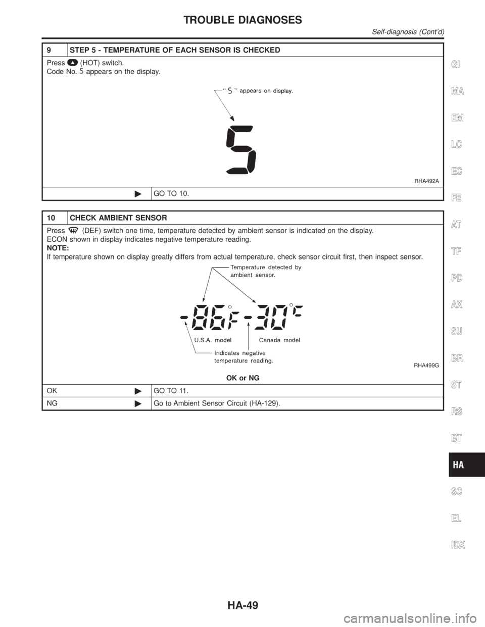 INFINITI QX4 2001  Factory Service Manual 9 STEP 5 - TEMPERATURE OF EACH SENSOR IS CHECKED
Press(HOT) switch.
Code No.
appears on the display.
RHA492A
©GO TO 10.
10 CHECK AMBIENT SENSOR
Press(DEF) switch one time, temperature detected by amb