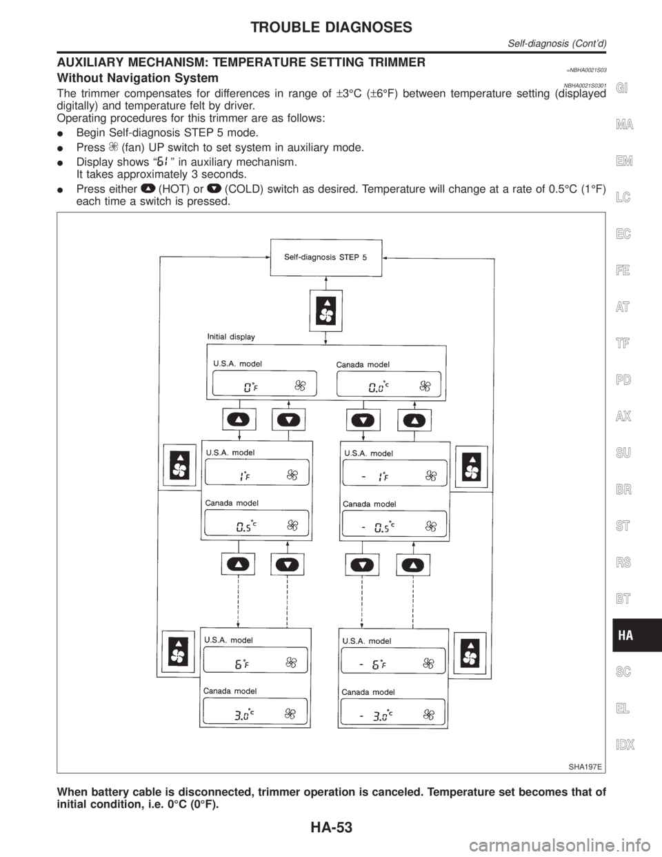 INFINITI QX4 2001  Factory Service Manual AUXILIARY MECHANISM: TEMPERATURE SETTING TRIMMER=NBHA0021S03Without Navigation SystemNBHA0021S0301The trimmer compensates for differences in range of±3ÉC (±6ÉF) between temperature setting (displa