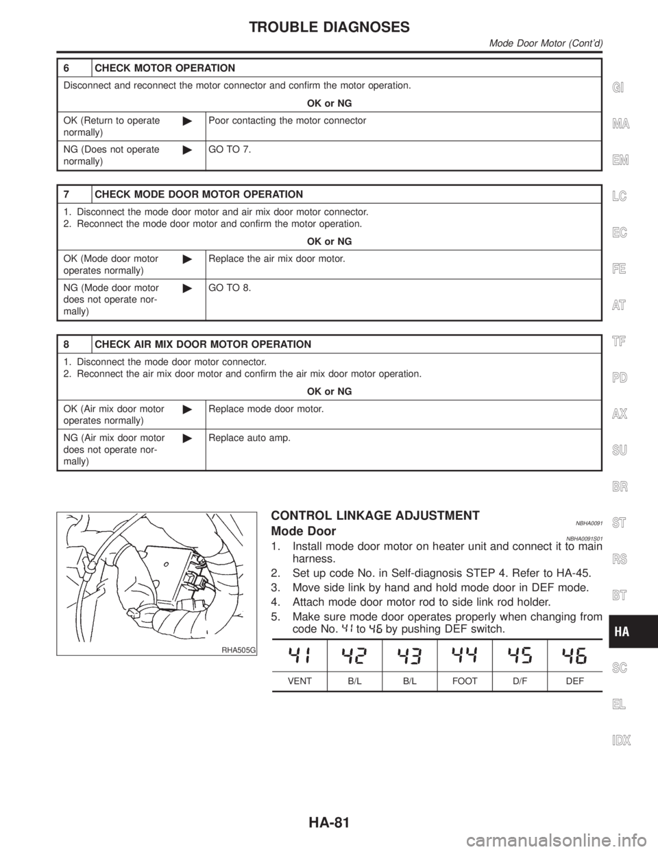 INFINITI QX4 2001  Factory Service Manual 6 CHECK MOTOR OPERATION
Disconnect and reconnect the motor connector and confirm the motor operation.
OK or NG
OK (Return to operate
normally)©Poor contacting the motor connector
NG (Does not operate