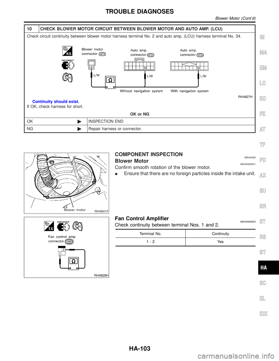 INFINITI QX4 2001  Factory Service Manual 10 CHECK BLOWER MOTOR CIRCUIT BETWEEN BLOWER MOTOR AND AUTO AMP. (LCU)
Check circuit continuity between blower motor harness terminal No. 2 and auto amp. (LCU) harness terminal No. 34.
RHA827H
Continu