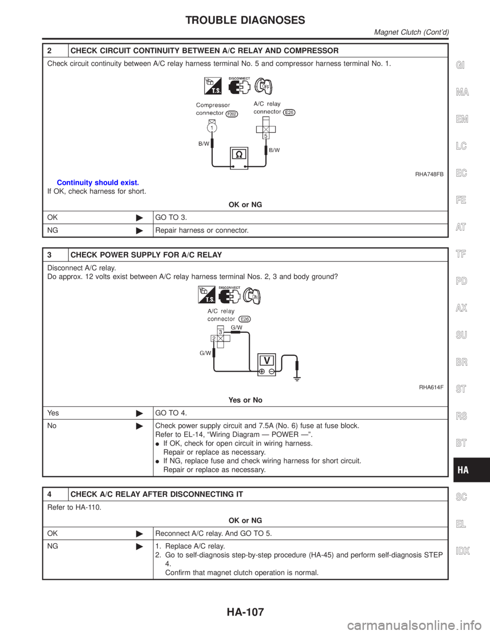 INFINITI QX4 2001  Factory Service Manual 2 CHECK CIRCUIT CONTINUITY BETWEEN A/C RELAY AND COMPRESSOR
Check circuit continuity between A/C relay harness terminal No. 5 and compressor harness terminal No. 1.
RHA748FB
Continuity should exist.
I