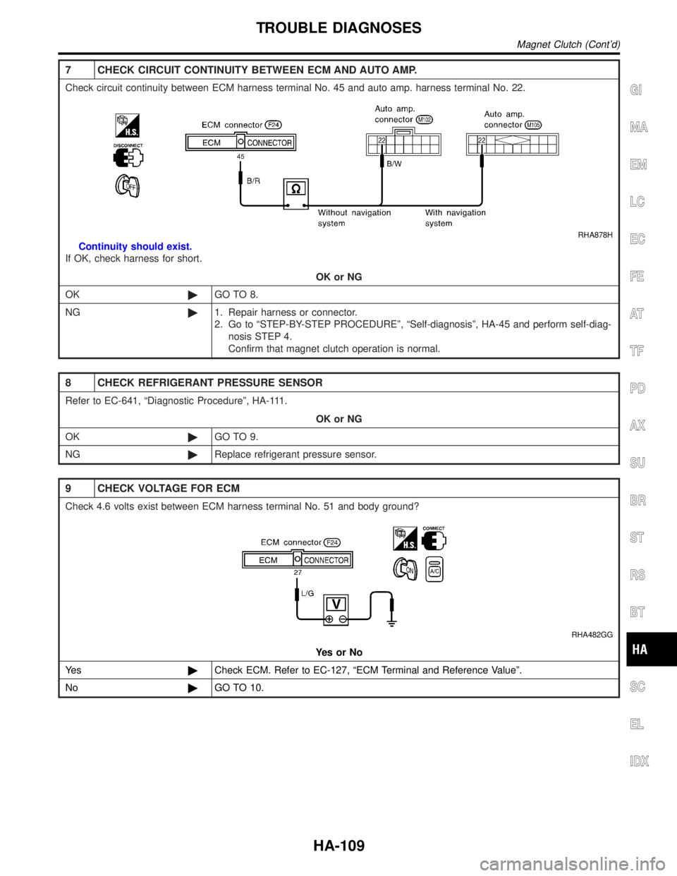 INFINITI QX4 2001  Factory Service Manual 7 CHECK CIRCUIT CONTINUITY BETWEEN ECM AND AUTO AMP.
Check circuit continuity between ECM harness terminal No. 45 and auto amp. harness terminal No. 22.
RHA878H
Continuity should exist.
If OK, check h