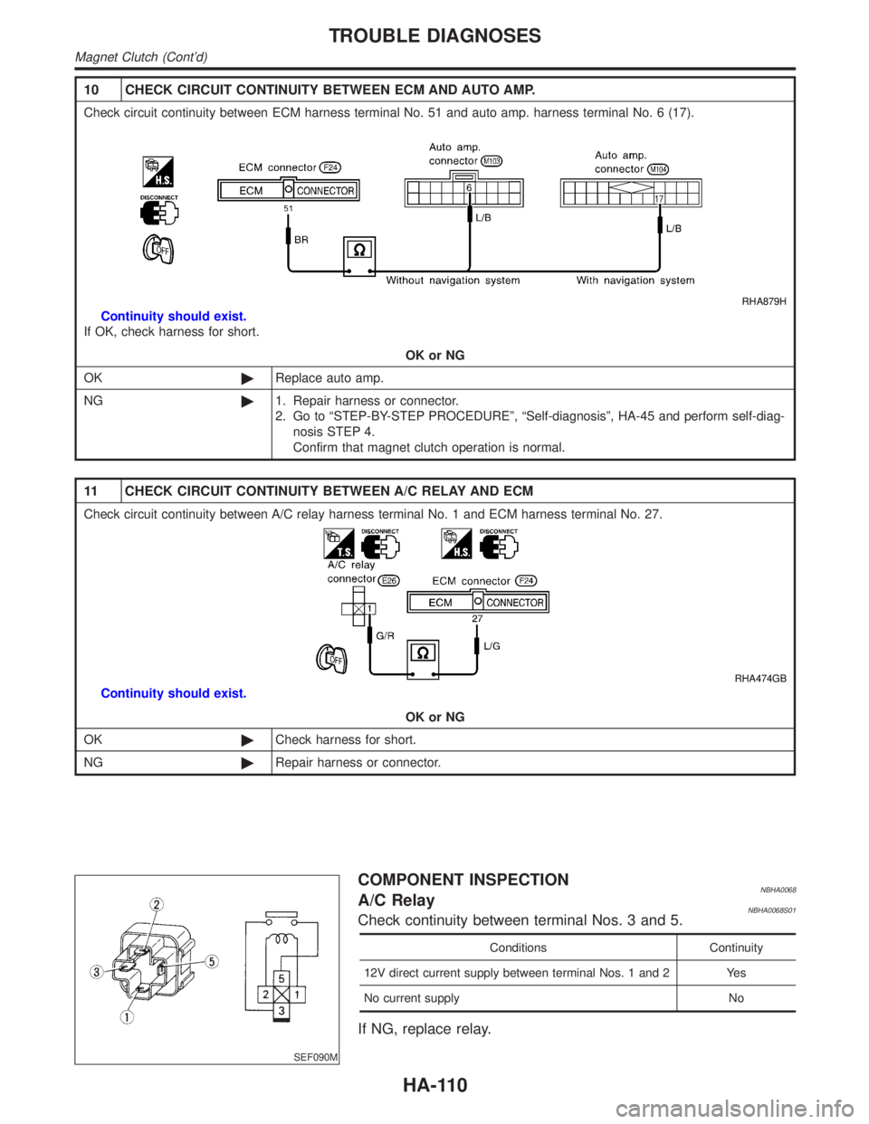 INFINITI QX4 2001  Factory Service Manual 10 CHECK CIRCUIT CONTINUITY BETWEEN ECM AND AUTO AMP.
Check circuit continuity between ECM harness terminal No. 51 and auto amp. harness terminal No. 6 (17).
RHA879H
Continuity should exist.
If OK, ch