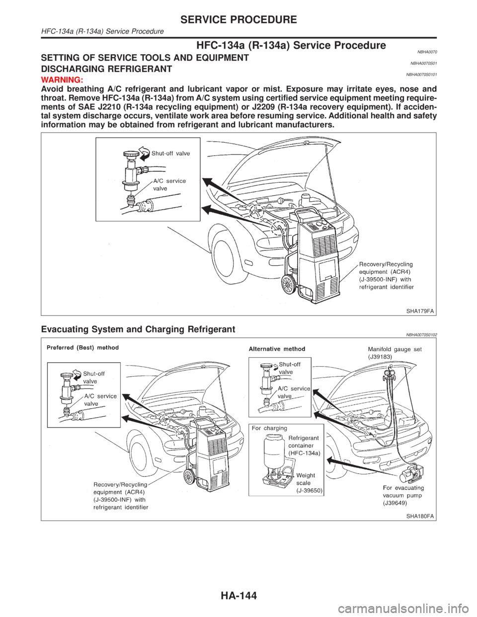 INFINITI QX4 2001  Factory Service Manual HFC-134a (R-134a) Service ProcedureNBHA0070SETTING OF SERVICE TOOLS AND EQUIPMENTNBHA0070S01DISCHARGING REFRIGERANTNBHA0070S0101WARNING:
Avoid breathing A/C refrigerant and lubricant vapor or mist. Ex