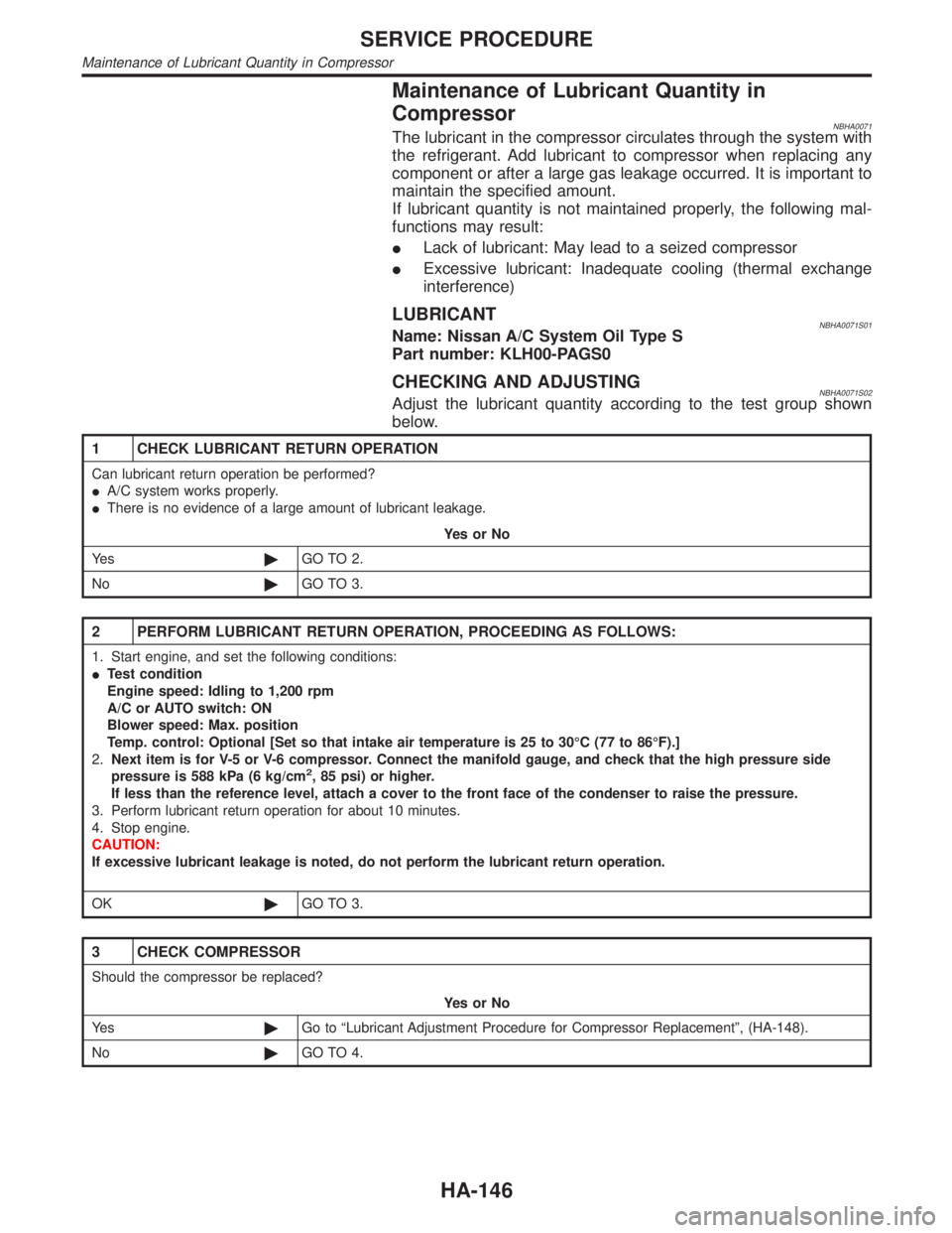 INFINITI QX4 2001 Factory Service Manual Maintenance of Lubricant Quantity in
Compressor
NBHA0071The lubricant in the compressor circulates through the system with
the refrigerant. Add lubricant to compressor when replacing any
component or INFINITI QX4 2001 Factory Service Manual Maintenance of Lubricant Quantity in
Compressor
NBHA0071The lubricant in the compressor circulates through the system with
the refrigerant. Add lubricant to compressor when replacing any
component or