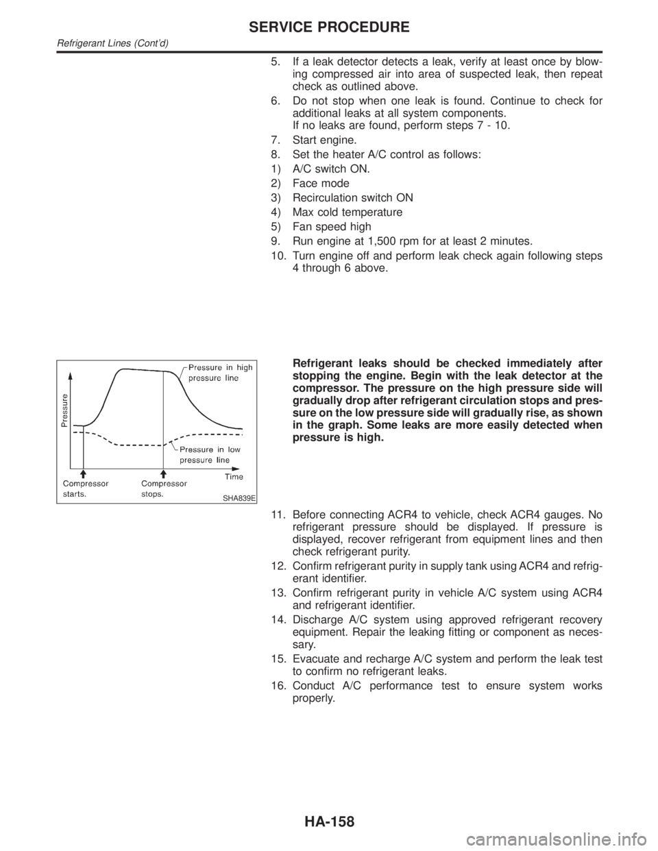 INFINITI QX4 2001  Factory Service Manual 5. If a leak detector detects a leak, verify at least once by blow-
ing compressed air into area of suspected leak, then repeat
check as outlined above.
6. Do not stop when one leak is found. Continue