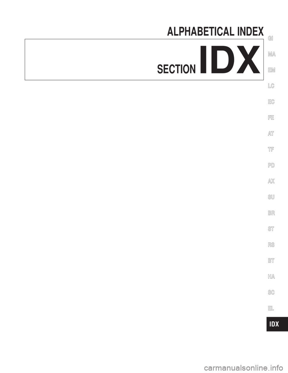 INFINITI QX4 2001  Factory Service Manual ALPHABETICAL INDEX
SECTION
IDX
GI
MA
EM
LC
EC
FE
AT
TF
PD
AX
SU
BR
ST
RS
BT
HA
SC
EL 