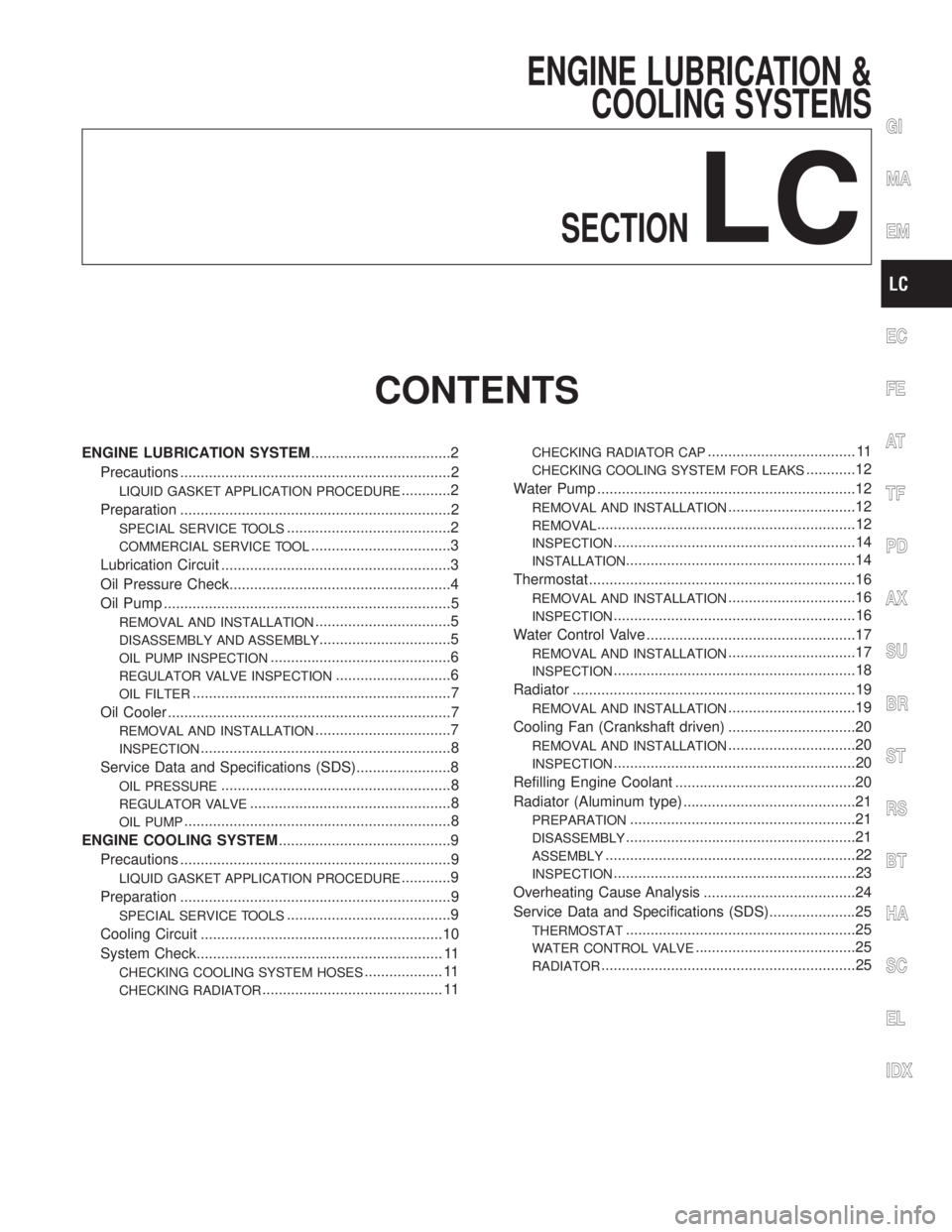 INFINITI QX4 2001 Factory Service Manual ENGINE LUBRICATION &
COOLING SYSTEMS
SECTION
LC
CONTENTS
ENGINE LUBRICATION SYSTEM..................................2
Precautions ..................................................................2
LI INFINITI QX4 2001 Factory Service Manual ENGINE LUBRICATION &
COOLING SYSTEMS
SECTION
LC
CONTENTS
ENGINE LUBRICATION SYSTEM..................................2
Precautions ..................................................................2
LI