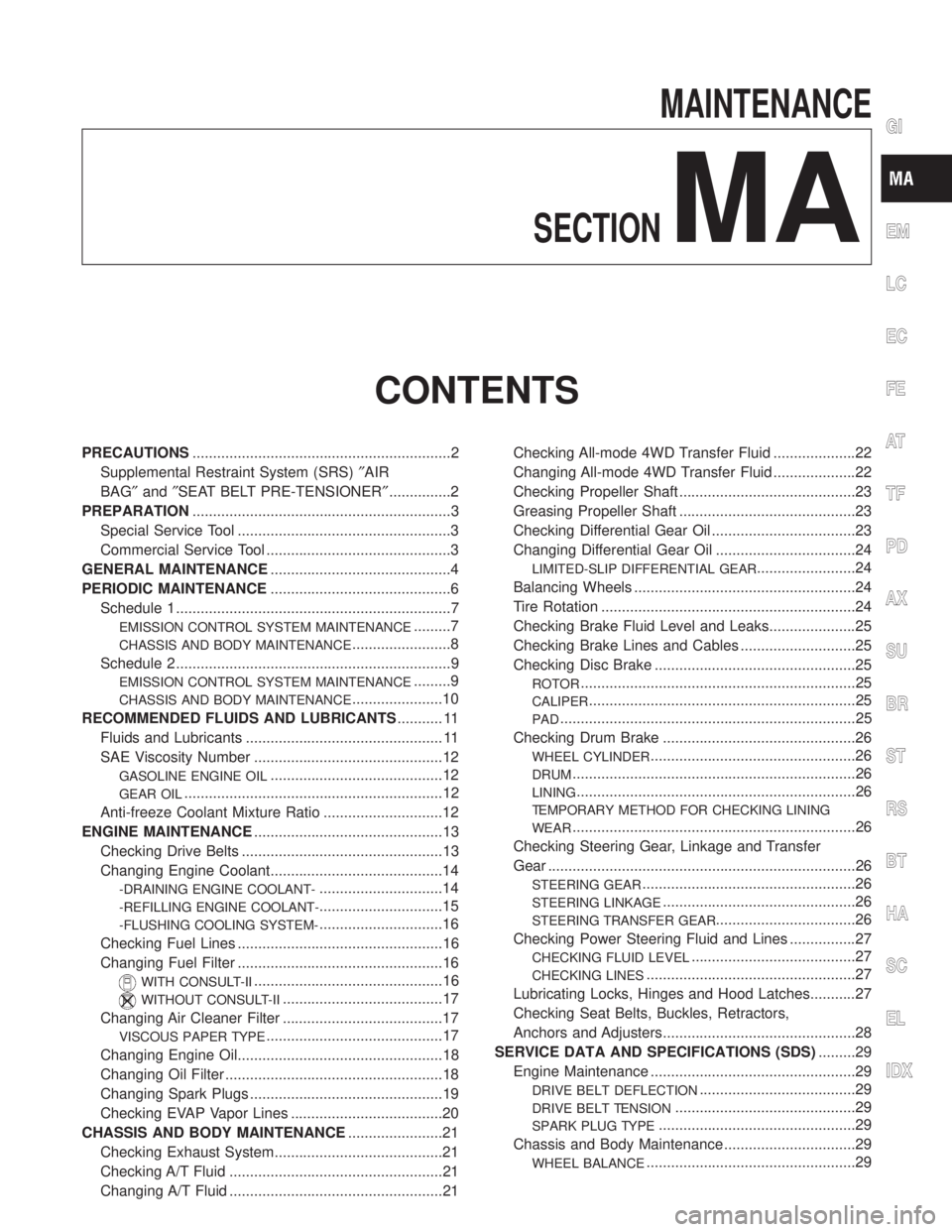 INFINITI QX4 2001  Factory Service Manual MAINTENANCE
SECTION
MA
CONTENTS
PRECAUTIONS...............................................................2
Supplemental Restraint System (SRS)²AIR
BAG²and²SEAT BELT PRE-TENSIONER²...............2