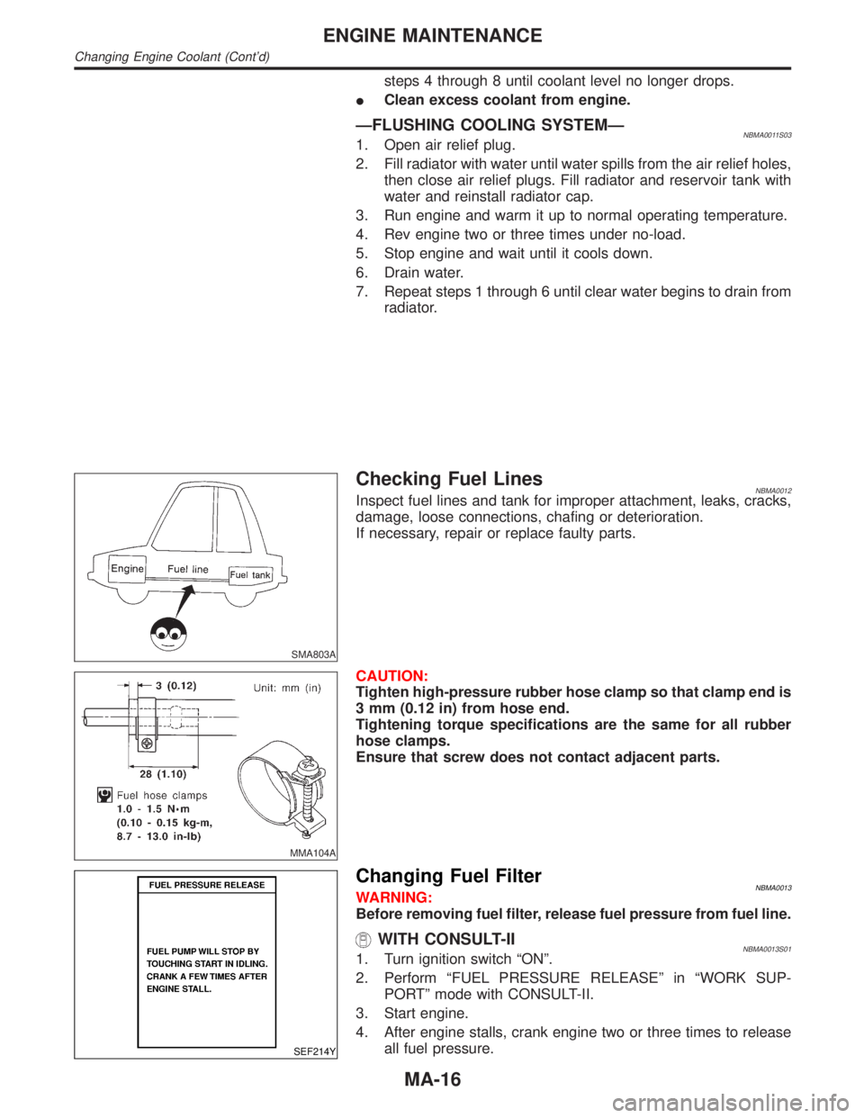 INFINITI QX4 2001  Factory Service Manual steps 4 through 8 until coolant level no longer drops.
IClean excess coolant from engine.
ÐFLUSHING COOLING SYSTEMÐNBMA0011S031. Open air relief plug.
2. Fill radiator with water until water spills 