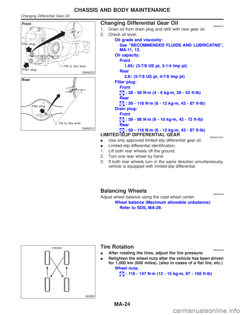 INFINITI QX4 2001  Factory Service Manual SMA632C
SMA631C
Changing Differential Gear OilNBMA00271. Drain oil from drain plug and refill with new gear oil.
2. Check oil level.
Oil grade and viscosity:
See ªRECOMMENDED FLUIDS AND LUBRICATNSº,