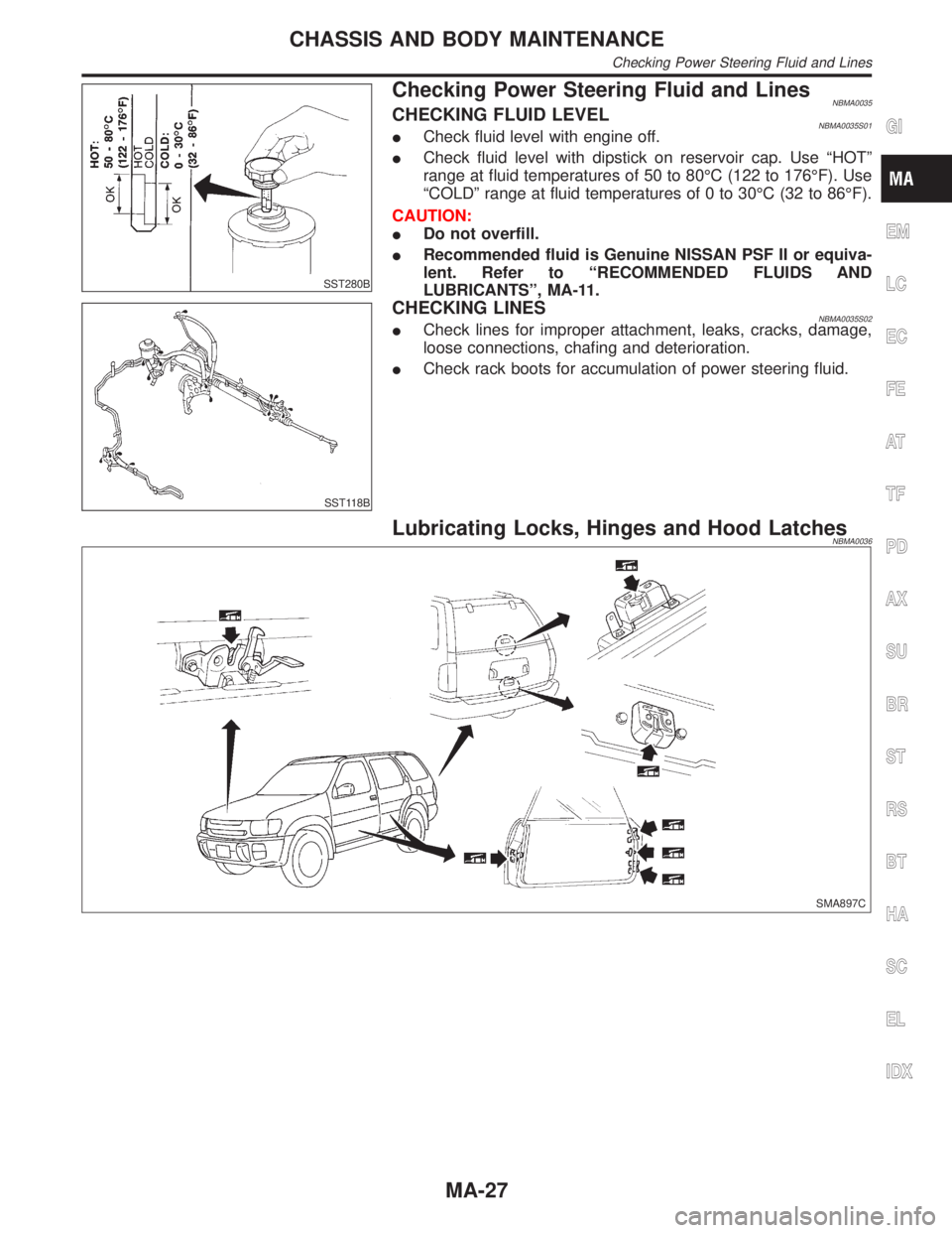 INFINITI QX4 2001  Factory Service Manual SST280B
Checking Power Steering Fluid and LinesNBMA0035CHECKING FLUID LEVELNBMA0035S01ICheck fluid level with engine off.
ICheck fluid level with dipstick on reservoir cap. Use ªHOTº
range at fluid 