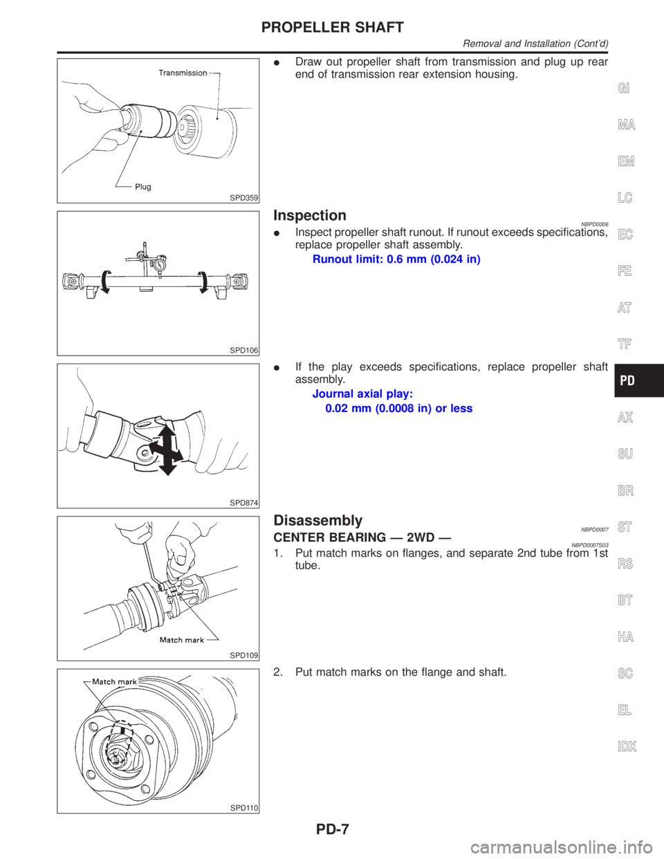 INFINITI QX4 2001  Factory Service Manual SPD359
IDraw out propeller shaft from transmission and plug up rear
end of transmission rear extension housing.
SPD106
InspectionNBPD0006IInspect propeller shaft runout. If runout exceeds specificatio