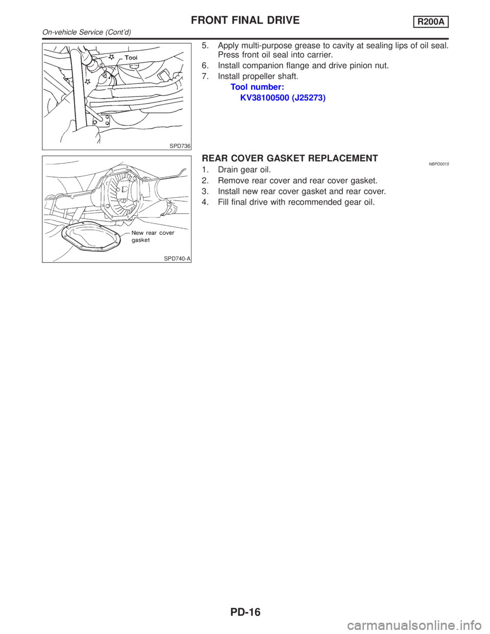 INFINITI QX4 2001  Factory Service Manual SPD736
5. Apply multi-purpose grease to cavity at sealing lips of oil seal.
Press front oil seal into carrier.
6. Install companion flange and drive pinion nut.
7. Install propeller shaft.
Tool number
