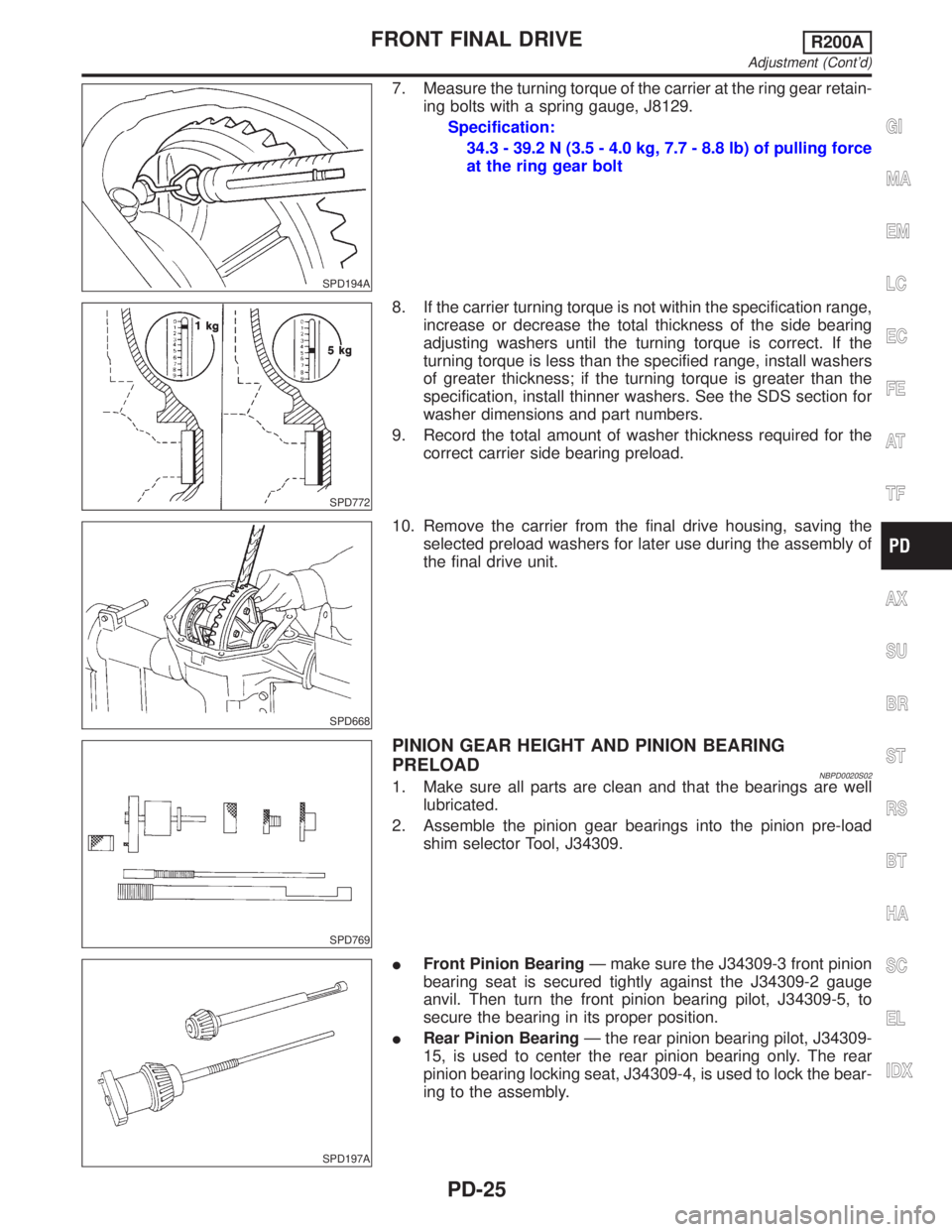 INFINITI QX4 2001 Factory Service Manual SPD194A
7. Measure the turning torque of the carrier at the ring gear retain-
ing bolts with a spring gauge, J8129.
Specification:
34.3 - 39.2 N (3.5 - 4.0 kg, 7.7 - 8.8 lb) of pulling force
at the ri INFINITI QX4 2001 Factory Service Manual SPD194A
7. Measure the turning torque of the carrier at the ring gear retain-
ing bolts with a spring gauge, J8129.
Specification:
34.3 - 39.2 N (3.5 - 4.0 kg, 7.7 - 8.8 lb) of pulling force
at the ri
