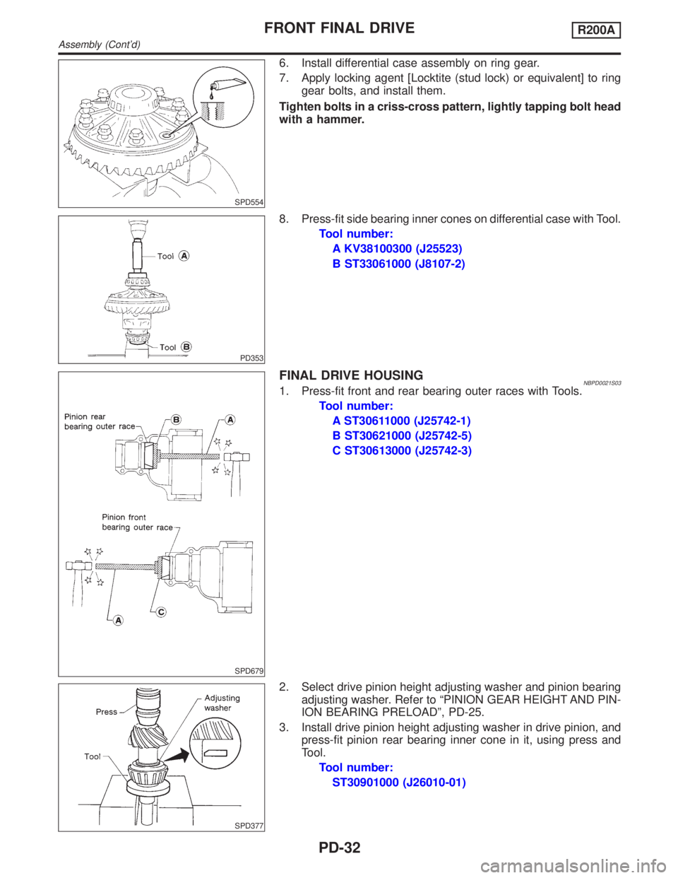 INFINITI QX4 2001  Factory Service Manual SPD554
6. Install differential case assembly on ring gear.
7. Apply locking agent [Locktite (stud lock) or equivalent] to ring
gear bolts, and install them.
Tighten bolts in a criss-cross pattern, lig