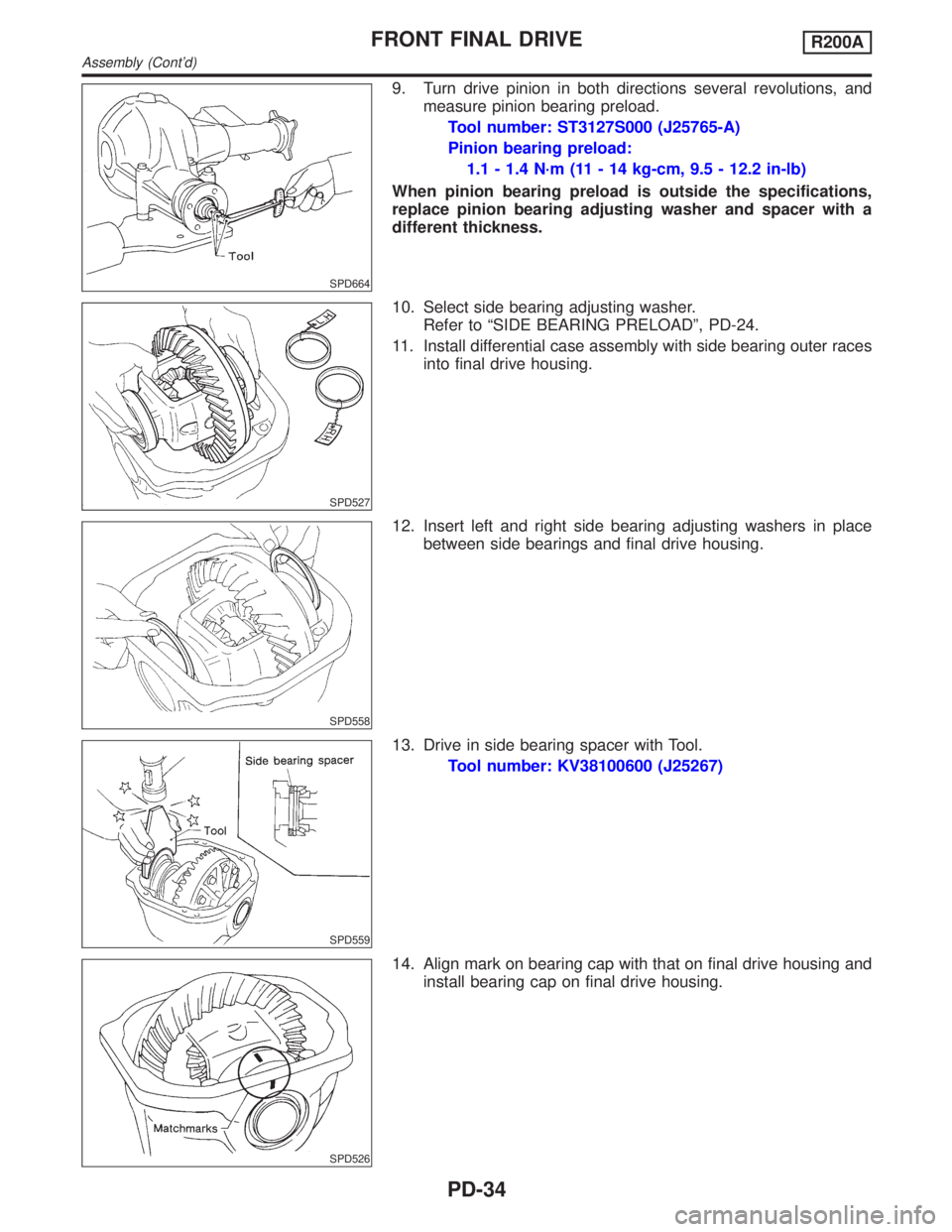 INFINITI QX4 2001  Factory Service Manual SPD664
9. Turn drive pinion in both directions several revolutions, and
measure pinion bearing preload.
Tool number: ST3127S000 (J25765-A)
Pinion bearing preload:
1.1 - 1.4 N´m (11 - 14 kg-cm, 9.5 - 