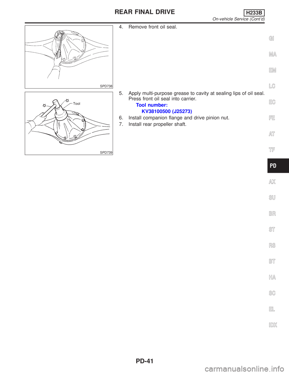 INFINITI QX4 2001  Factory Service Manual SPD738
4. Remove front oil seal.
SPD739
5. Apply multi-purpose grease to cavity at sealing lips of oil seal.
Press front oil seal into carrier.
Tool number:
KV38100500 (J25273)
6. Install companion fl