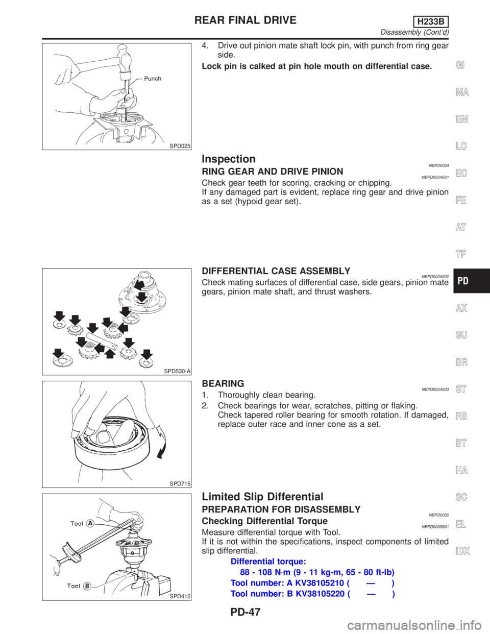 INFINITI QX4 2001  Factory Service Manual SPD025
4. Drive out pinion mate shaft lock pin, with punch from ring gear
side.
Lock pin is calked at pin hole mouth on differential case.
InspectionNBPD0034RING GEAR AND DRIVE PINIONNBPD0034S01Check 
