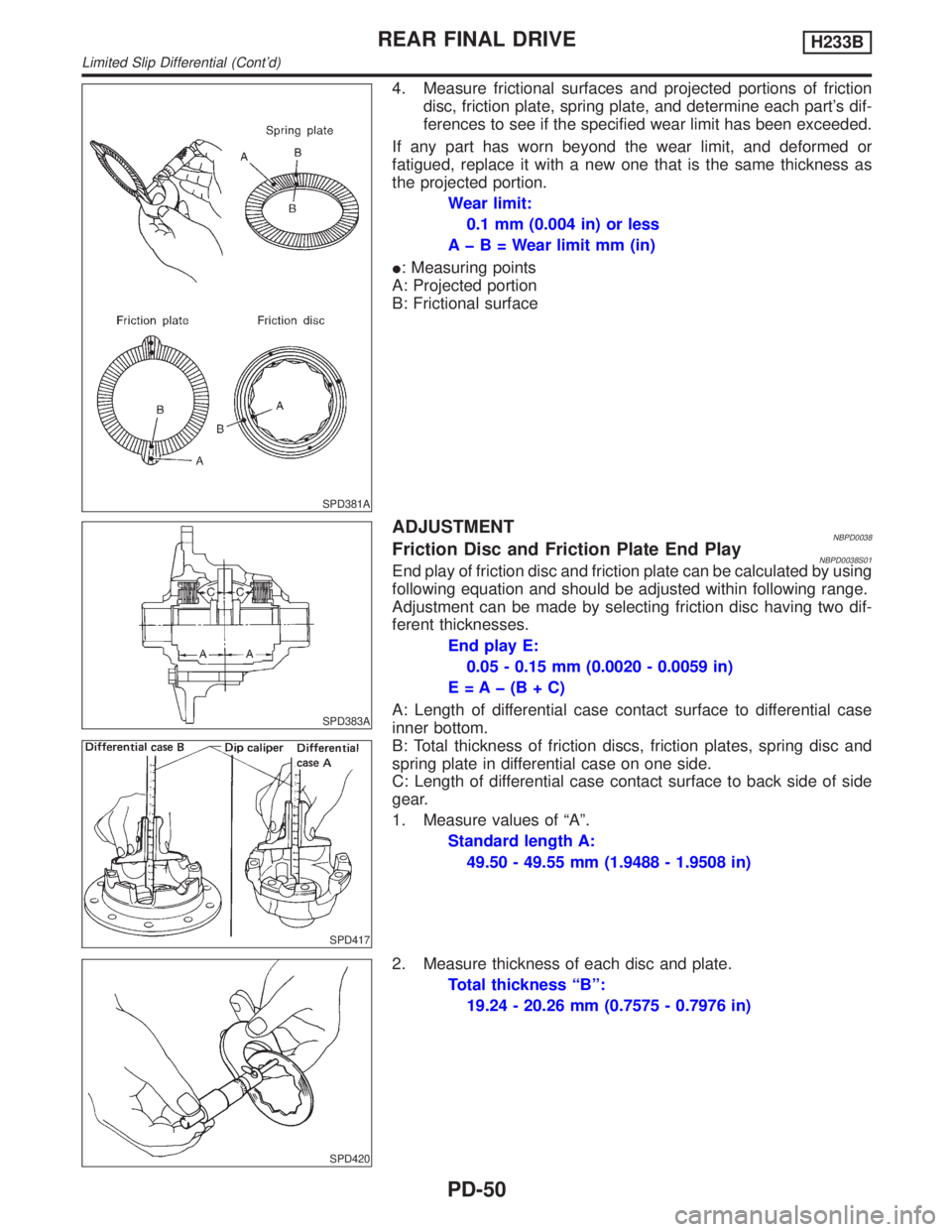 INFINITI QX4 2001 Factory Service Manual SPD381A
4. Measure frictional surfaces and projected portions of friction
disc, friction plate, spring plate, and determine each parts dif-
ferences to see if the specified wear limit has been exceed INFINITI QX4 2001 Factory Service Manual SPD381A
4. Measure frictional surfaces and projected portions of friction
disc, friction plate, spring plate, and determine each parts dif-
ferences to see if the specified wear limit has been exceed