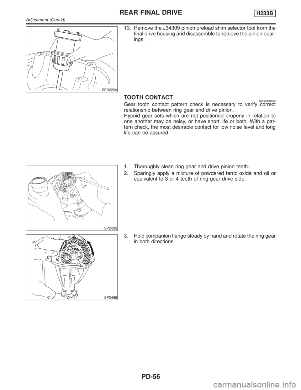 INFINITI QX4 2001  Factory Service Manual SPD220A
13. Remove the J34309 pinion preload shim selector tool from the
final drive housing and disassemble to retrieve the pinion bear-
ings.
TOOTH CONTACTNBPD0040S02Gear tooth contact pattern check