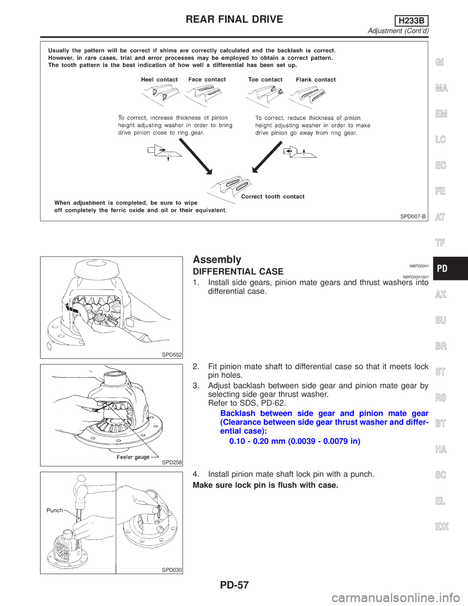 INFINITI QX4 2001  Factory Service Manual SPD007-B
SPD552
AssemblyNBPD0041DIFFERENTIAL CASENBPD0041S011. Install side gears, pinion mate gears and thrust washers into
differential case.
SPD258
2. Fit pinion mate shaft to differential case so 