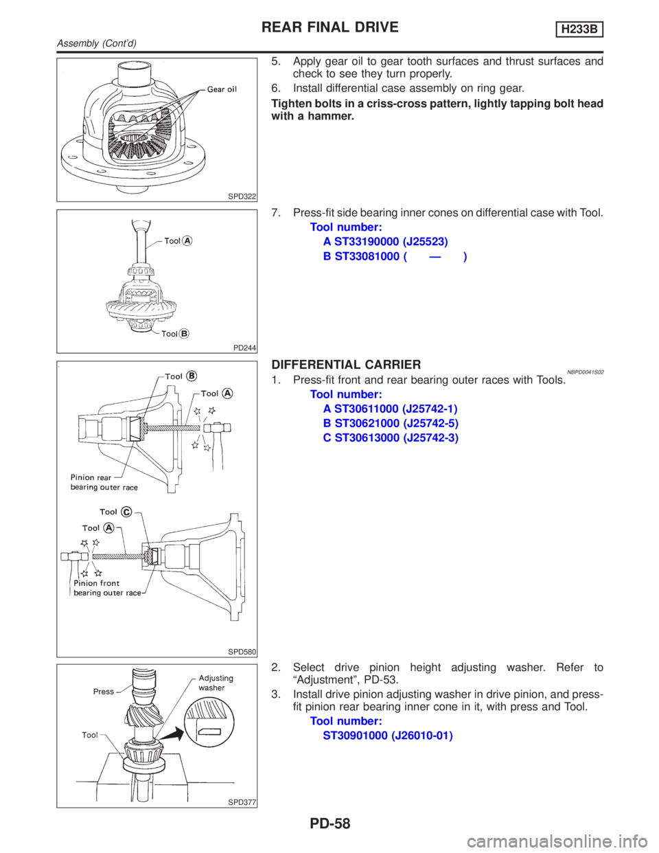 INFINITI QX4 2001  Factory Service Manual SPD322
5. Apply gear oil to gear tooth surfaces and thrust surfaces and
check to see they turn properly.
6. Install differential case assembly on ring gear.
Tighten bolts in a criss-cross pattern, lig
