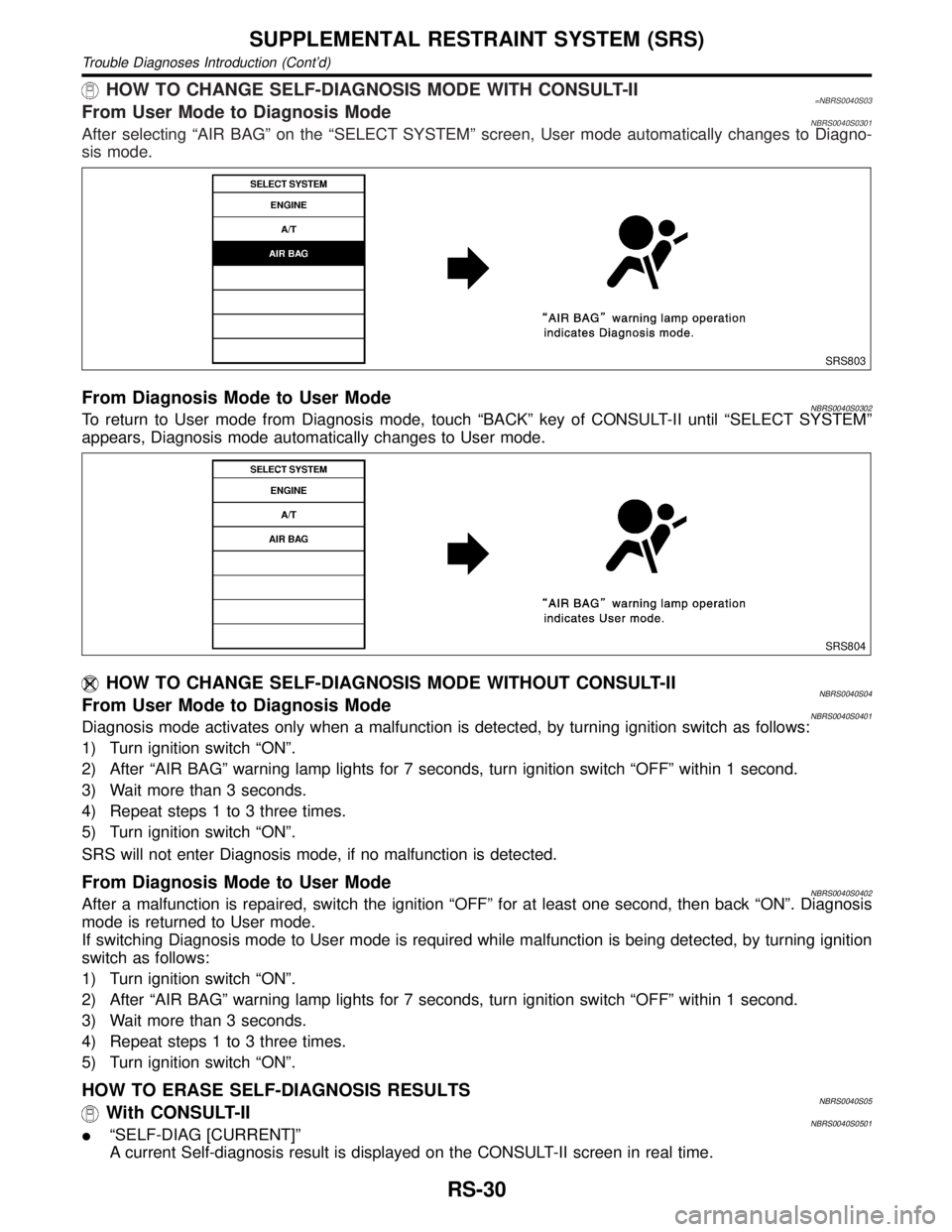 INFINITI QX4 2001 Factory Service Manual HOW TO CHANGE SELF-DIAGNOSIS MODE WITH CONSULT-II=NBRS0040S03From User Mode to Diagnosis ModeNBRS0040S0301After selecting ªAIR BAGº on the ªSELECT SYSTEMº screen, User mode automatically changes t INFINITI QX4 2001 Factory Service Manual HOW TO CHANGE SELF-DIAGNOSIS MODE WITH CONSULT-II=NBRS0040S03From User Mode to Diagnosis ModeNBRS0040S0301After selecting ªAIR BAGº on the ªSELECT SYSTEMº screen, User mode automatically changes t