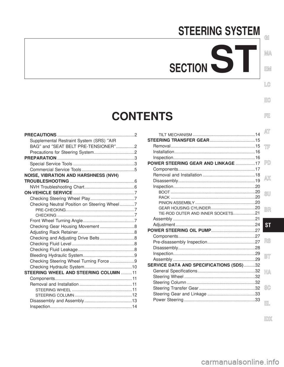 INFINITI QX4 2001 Factory Service Manual STEERING SYSTEM
SECTION
ST
CONTENTS
PRECAUTIONS...............................................................2
Supplemental Restraint System (SRS)²AIR
BAG²and²SEAT BELT PRE-TENSIONER²............ INFINITI QX4 2001 Factory Service Manual STEERING SYSTEM
SECTION
ST
CONTENTS
PRECAUTIONS...............................................................2
Supplemental Restraint System (SRS)²AIR
BAG²and²SEAT BELT PRE-TENSIONER²............