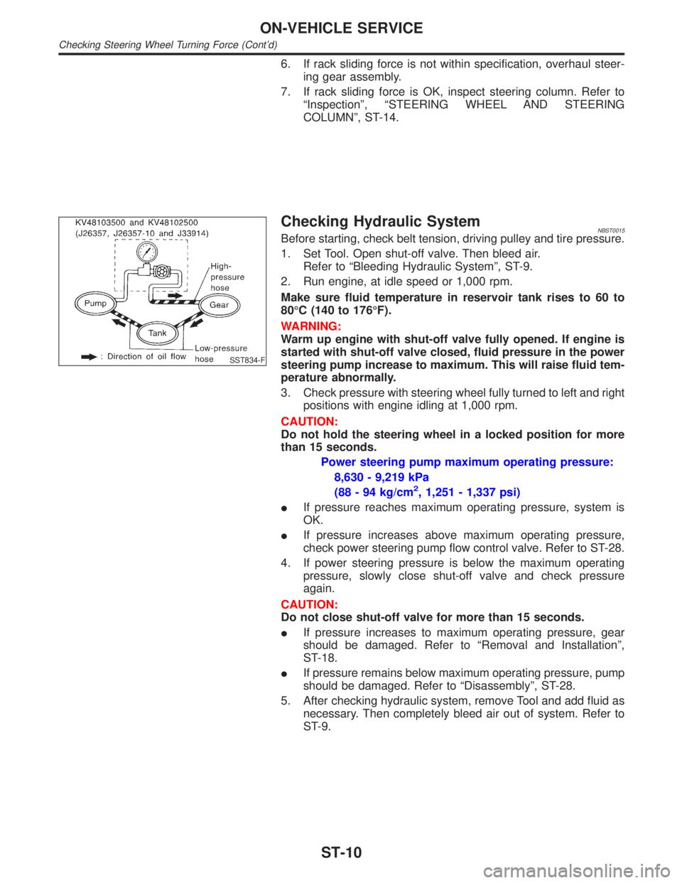 INFINITI QX4 2001  Factory Service Manual 6. If rack sliding force is not within specification, overhaul steer-
ing gear assembly.
7. If rack sliding force is OK, inspect steering column. Refer to
ªInspectionº, ªSTEERING WHEEL AND STEERING