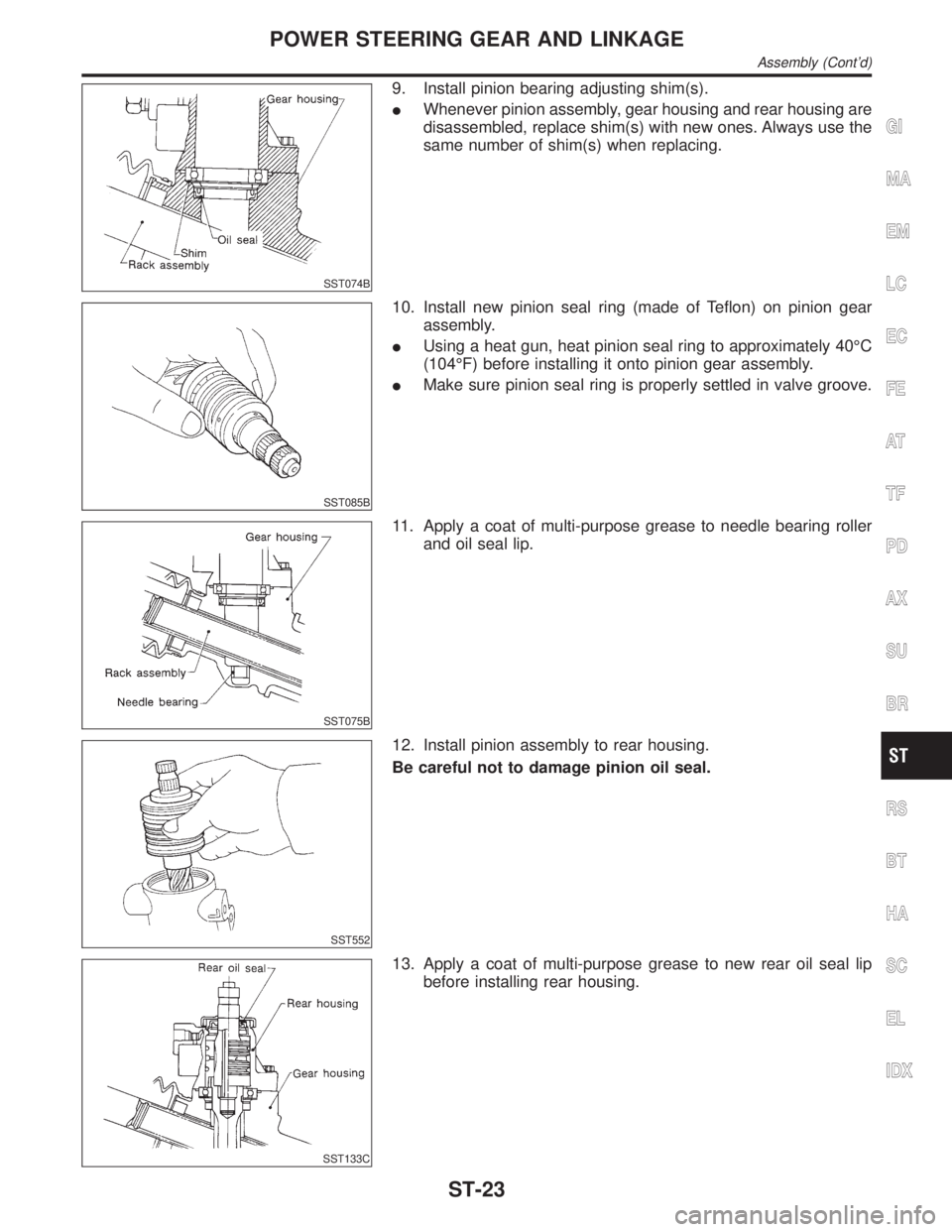 INFINITI QX4 2001  Factory Service Manual SST074B
9. Install pinion bearing adjusting shim(s).
IWhenever pinion assembly, gear housing and rear housing are
disassembled, replace shim(s) with new ones. Always use the
same number of shim(s) whe