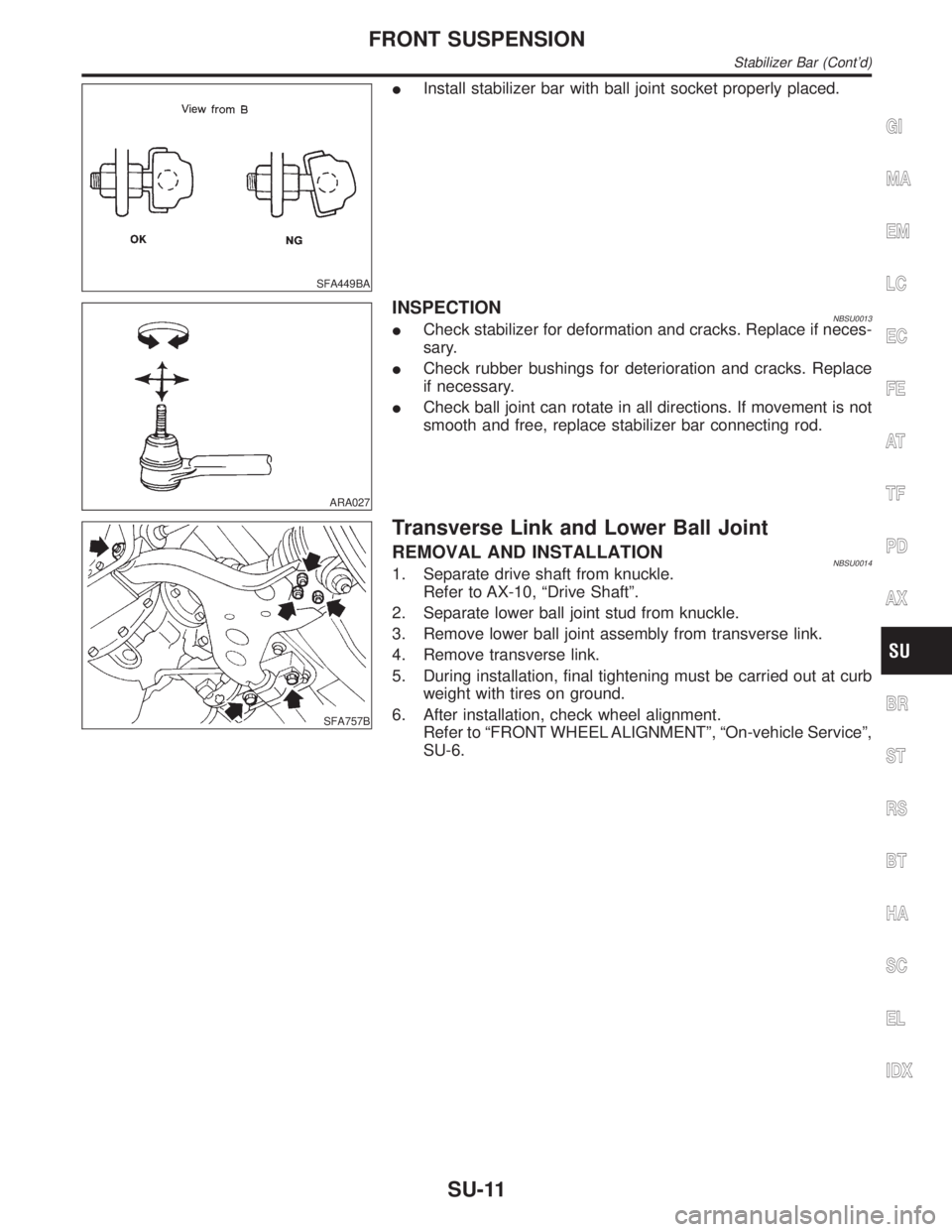 INFINITI QX4 2001  Factory Service Manual SFA449BA
IInstall stabilizer bar with ball joint socket properly placed.
ARA027
INSPECTIONNBSU0013ICheck stabilizer for deformation and cracks. Replace if neces-
sary.
ICheck rubber bushings for deter