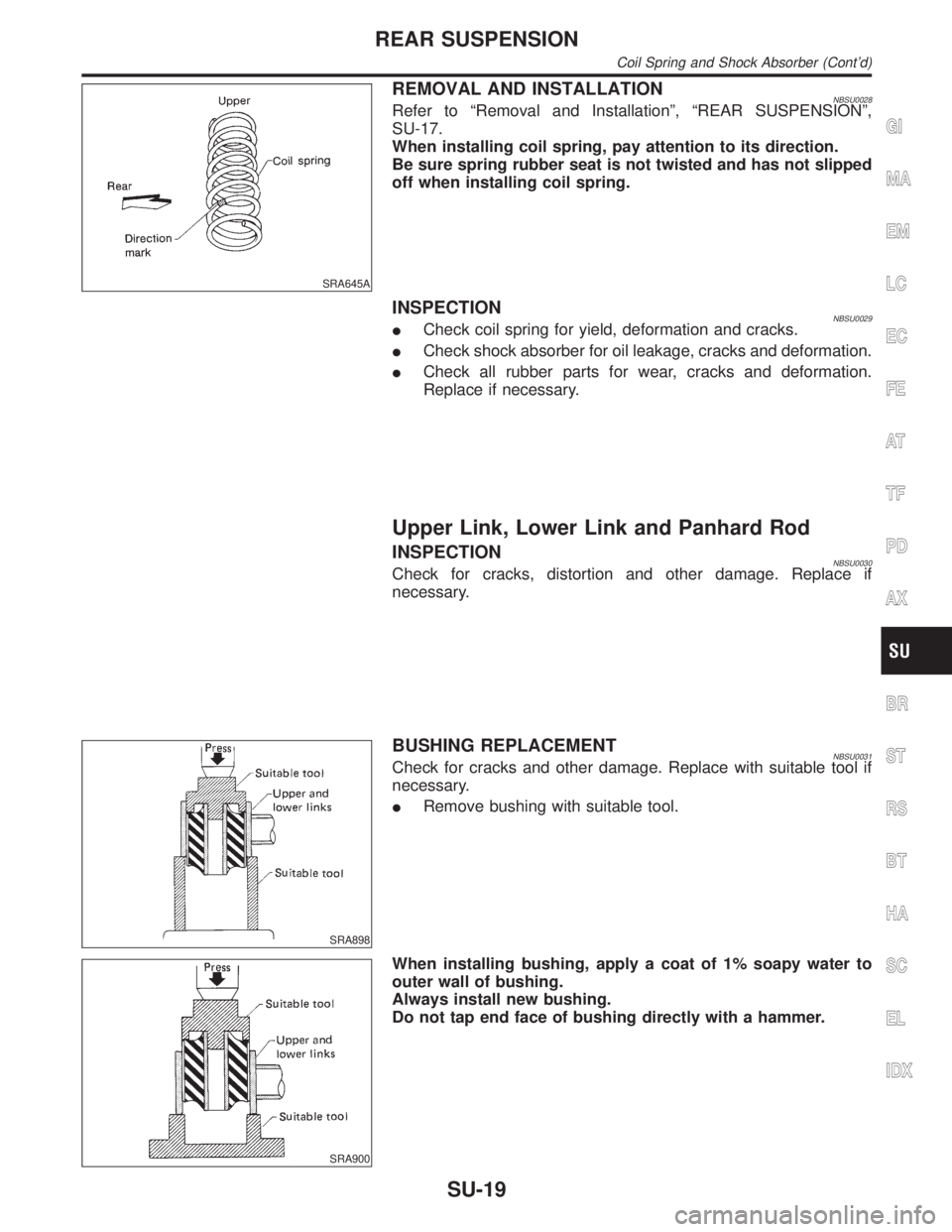 INFINITI QX4 2001  Factory Service Manual SRA645A
REMOVAL AND INSTALLATIONNBSU0028Refer to ªRemoval and Installationº, ªREAR SUSPENSIONº,
SU-17.
When installing coil spring, pay attention to its direction.
Be sure spring rubber seat is no