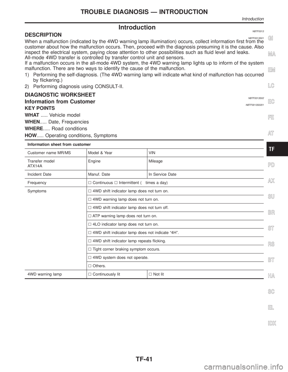INFINITI QX4 2001  Factory Service Manual IntroductionNBTF0013DESCRIPTIONNBTF0013S01When a malfunction (indicated by the 4WD warning lamp illumination) occurs, collect information first from the
customer about how the malfunction occurs. Then