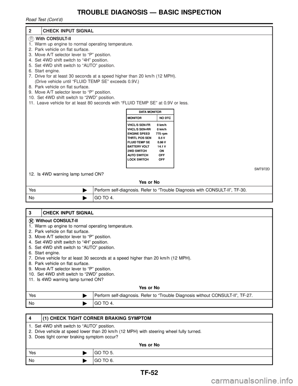 INFINITI QX4 2001  Factory Service Manual 2 CHECK INPUT SIGNAL
With CONSULT-II
1. Warm up engine to normal operating temperature.
2. Park vehicle on flat surface.
3. Move A/T selector lever to ªPº position.
4. Set 4WD shift switch to ª4Hº