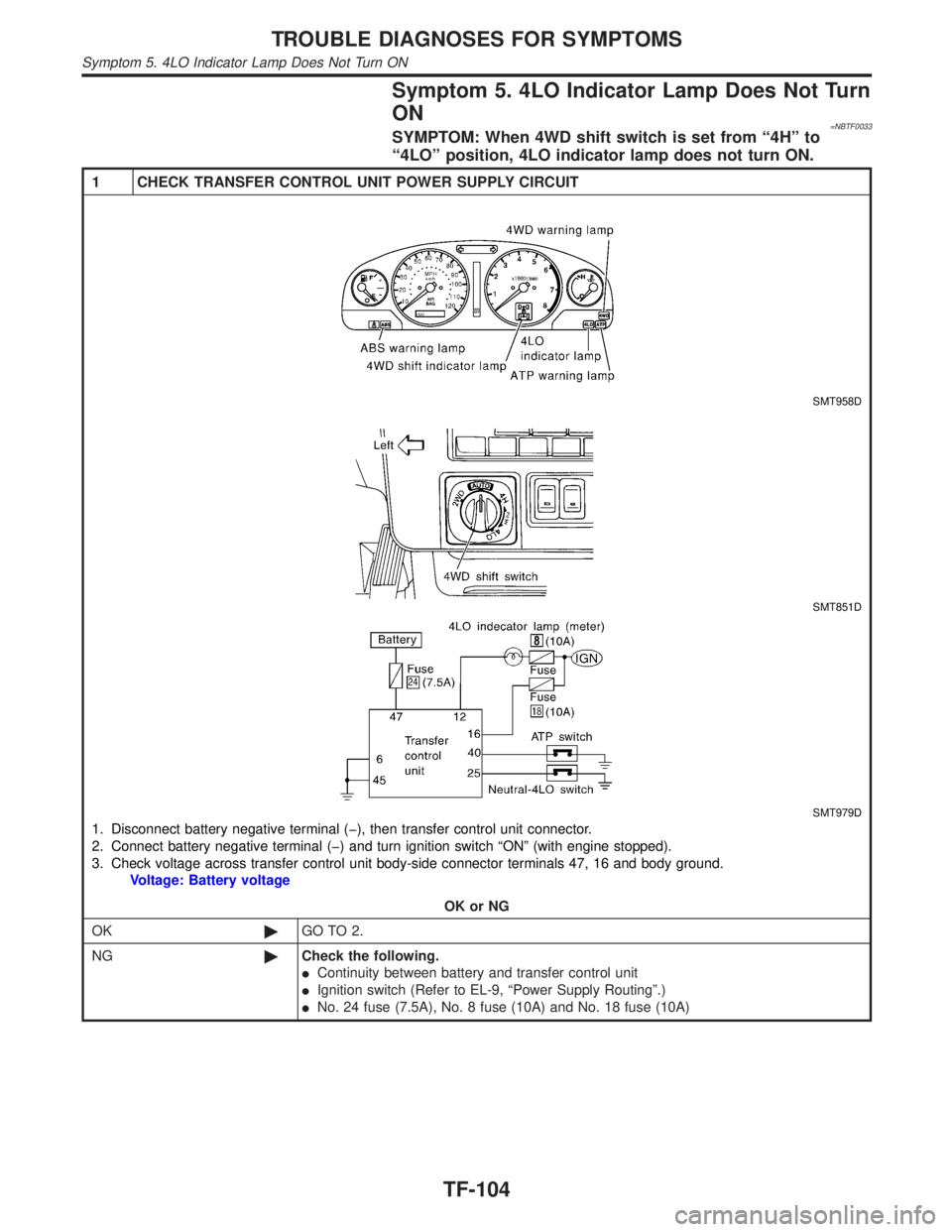 INFINITI QX4 2001  Factory Service Manual Symptom 5. 4LO Indicator Lamp Does Not Turn
ON
=NBTF0033SYMPTOM: When 4WD shift switch is set from ª4Hº to
ª4LOº position, 4LO indicator lamp does not turn ON.
1 CHECK TRANSFER CONTROL UNIT POWER 