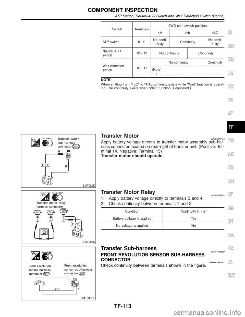 INFINITI QX4 2001 Factory Service Manual Switch Terminals4WD shift switch position
4H (N) 4LO
ATP switch 8 - 9No conti-
nuityContinuityNo conti-
nuity
Neutral-4LO
switch12 - 13 No continuity Continuity
Wait detection
switch10-11No continuity INFINITI QX4 2001 Factory Service Manual Switch Terminals4WD shift switch position
4H (N) 4LO
ATP switch 8 - 9No conti-
nuityContinuityNo conti-
nuity
Neutral-4LO
switch12 - 13 No continuity Continuity
Wait detection
switch10-11No continuity