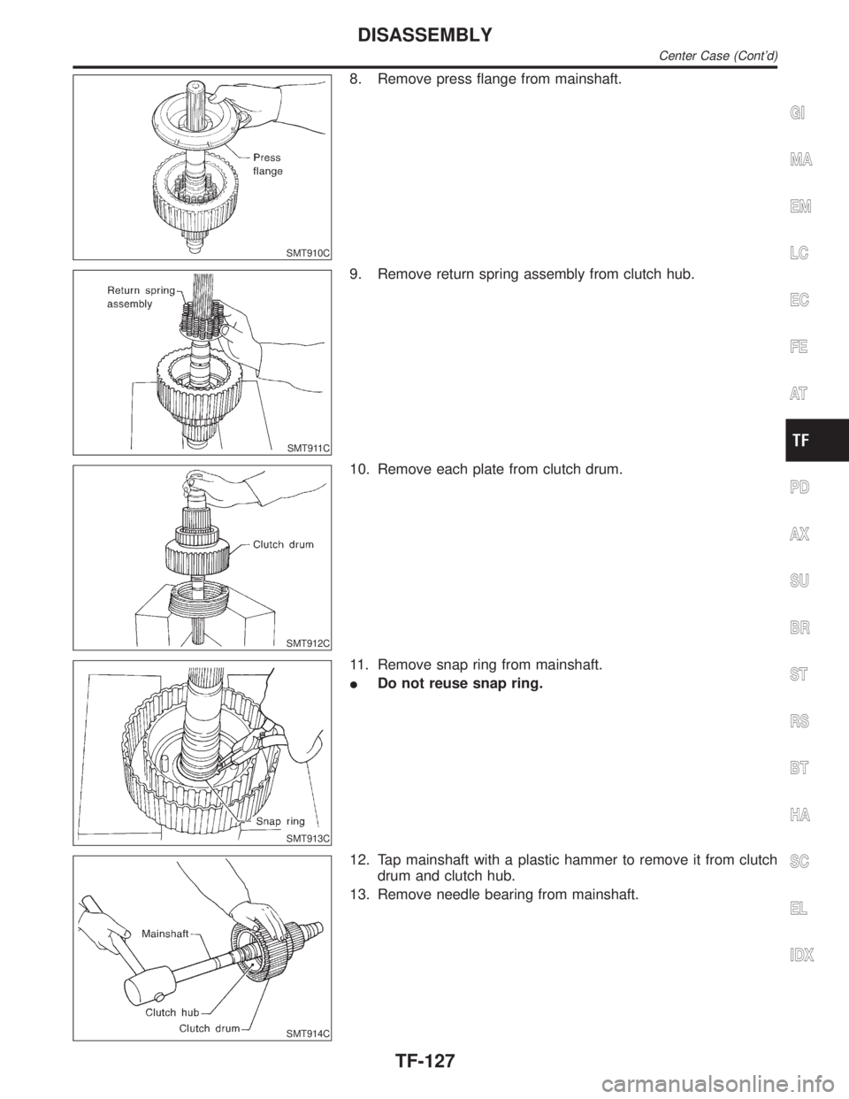 INFINITI QX4 2001  Factory Service Manual SMT910C
8. Remove press flange from mainshaft.
SMT911C
9. Remove return spring assembly from clutch hub.
SMT912C
10. Remove each plate from clutch drum.
SMT913C
11. Remove snap ring from mainshaft.
ID