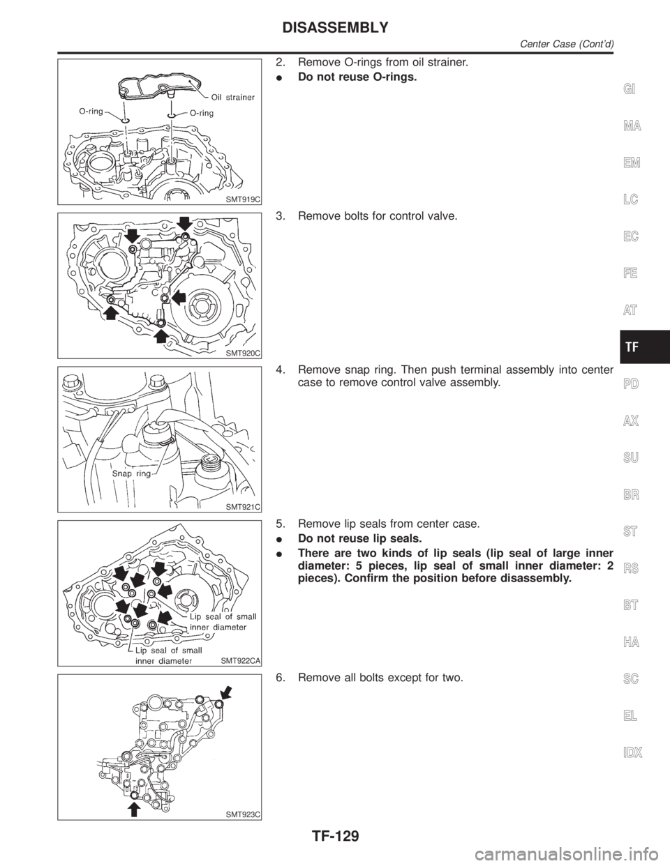 INFINITI QX4 2001  Factory Service Manual SMT919C
2. Remove O-rings from oil strainer.
IDo not reuse O-rings.
SMT920C
3. Remove bolts for control valve.
SMT921C
4. Remove snap ring. Then push terminal assembly into center
case to remove contr