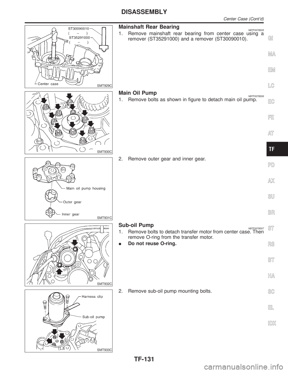 INFINITI QX4 2001  Factory Service Manual SMT929C
Mainshaft Rear BearingNBTF0078S051. Remove mainshaft rear bearing from center case using a
remover (ST35291000) and a remover (ST30090010).
SMT930C
Main Oil PumpNBTF0078S061. Remove bolts as s